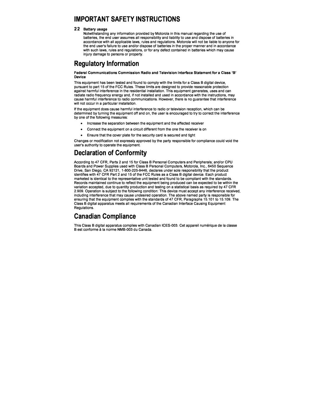 Motorola HDT100 Regulatory Information, Declaration of Conformity, Canadian Compliance, Important Safety Instructions 