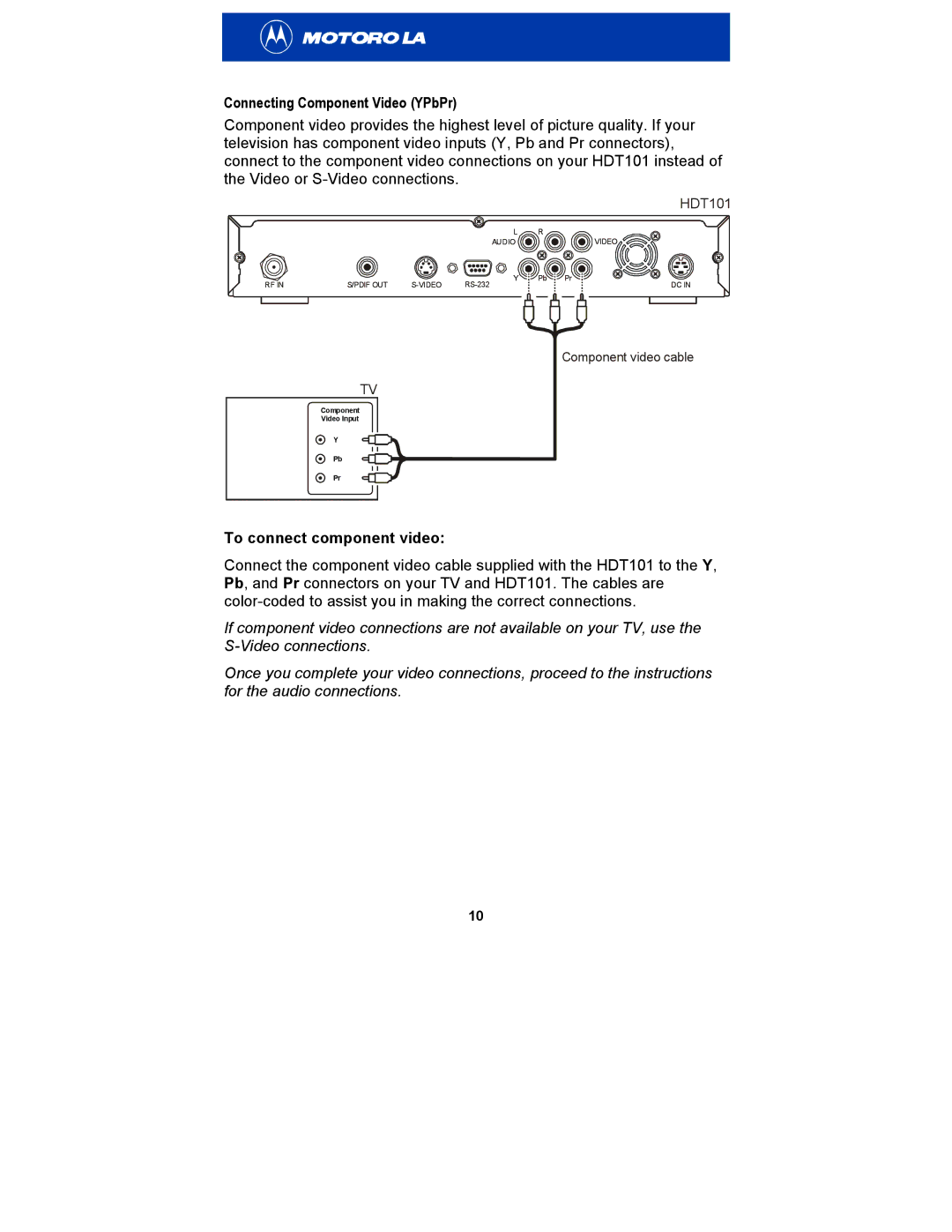 Motorola HDT101 manual Connecting Component Video YPbPr, To connect component video 