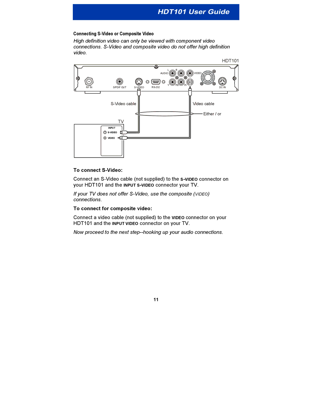 Motorola HDT101 manual Connecting S-Video or Composite Video, To connect S-Video, To connect for composite video 