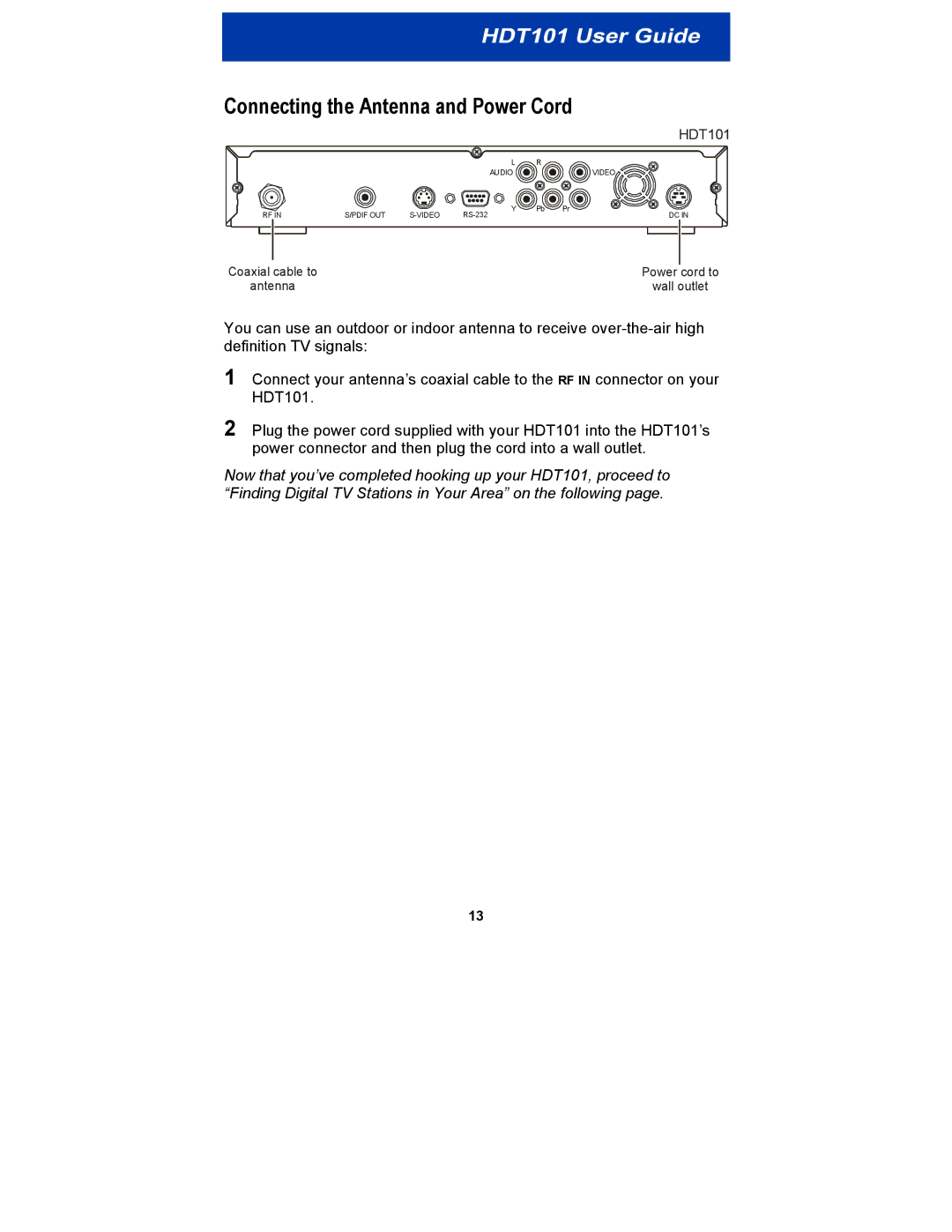 Motorola HDT101 manual Connecting the Antenna and Power Cord 