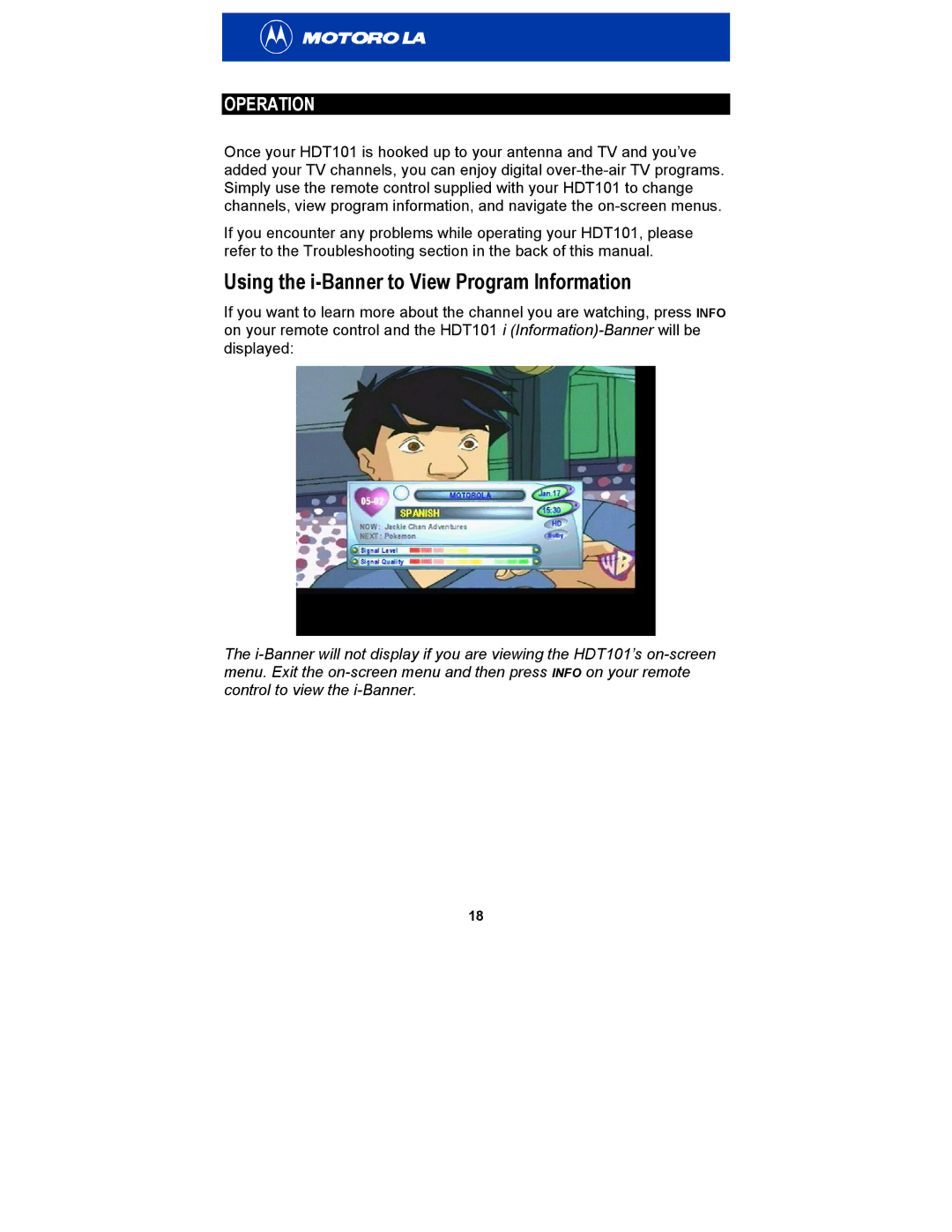 Motorola HDT101 manual Using the i-Banner to View Program Information, Operation 