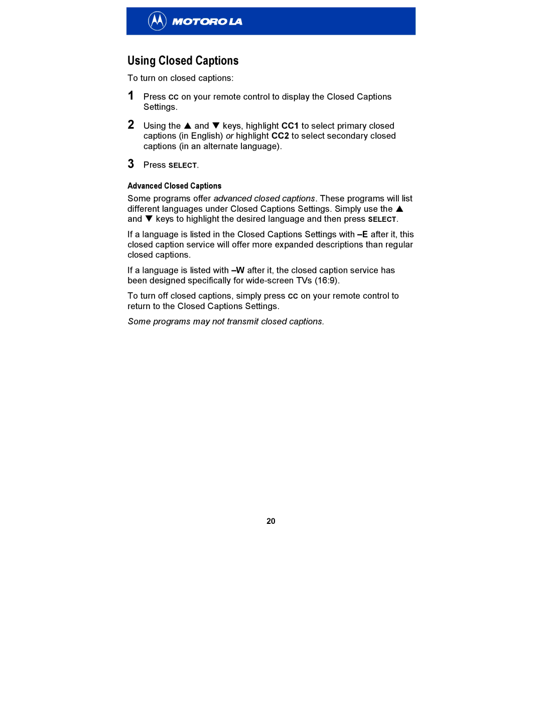 Motorola HDT101 manual Using Closed Captions, Advanced Closed Captions 