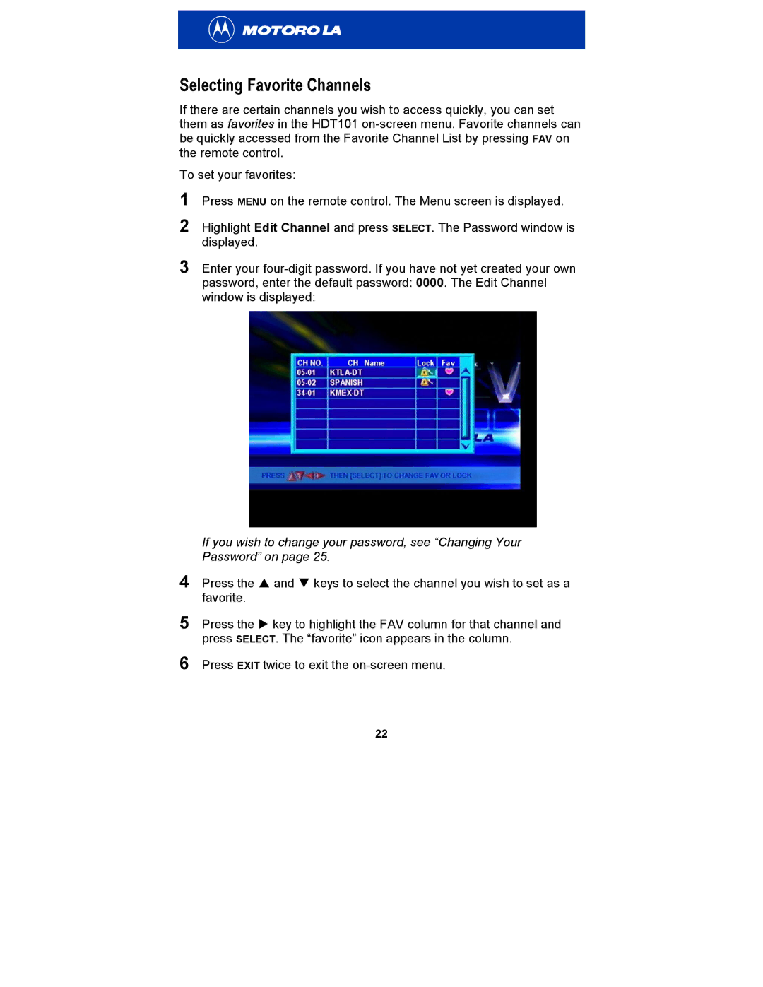 Motorola HDT101 manual Selecting Favorite Channels 