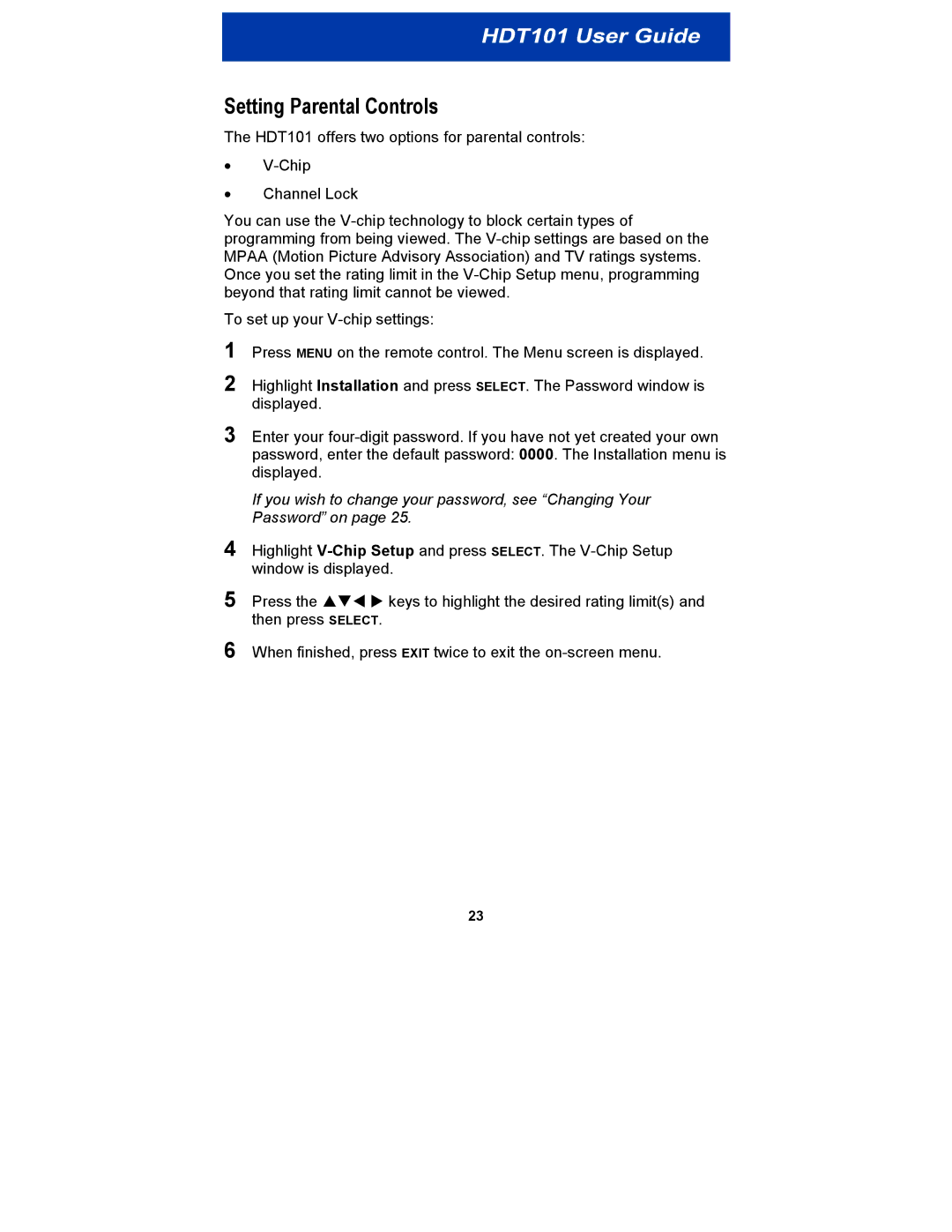 Motorola HDT101 manual Setting Parental Controls 