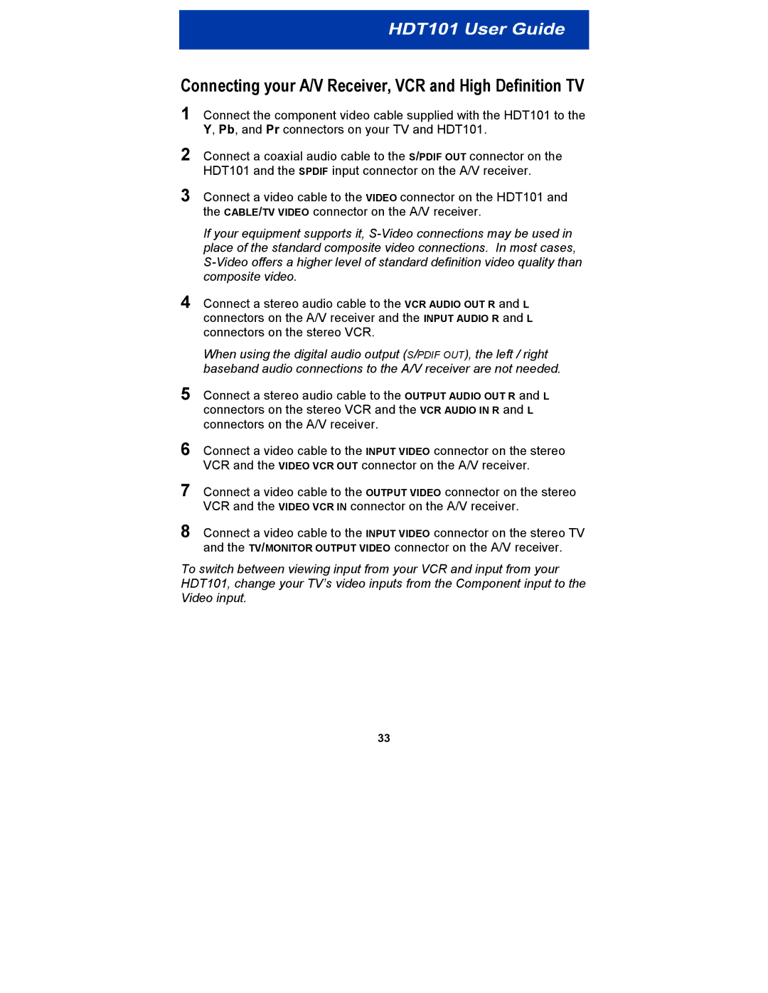 Motorola HDT101 manual Connecting your A/V Receiver, VCR and High Definition TV 