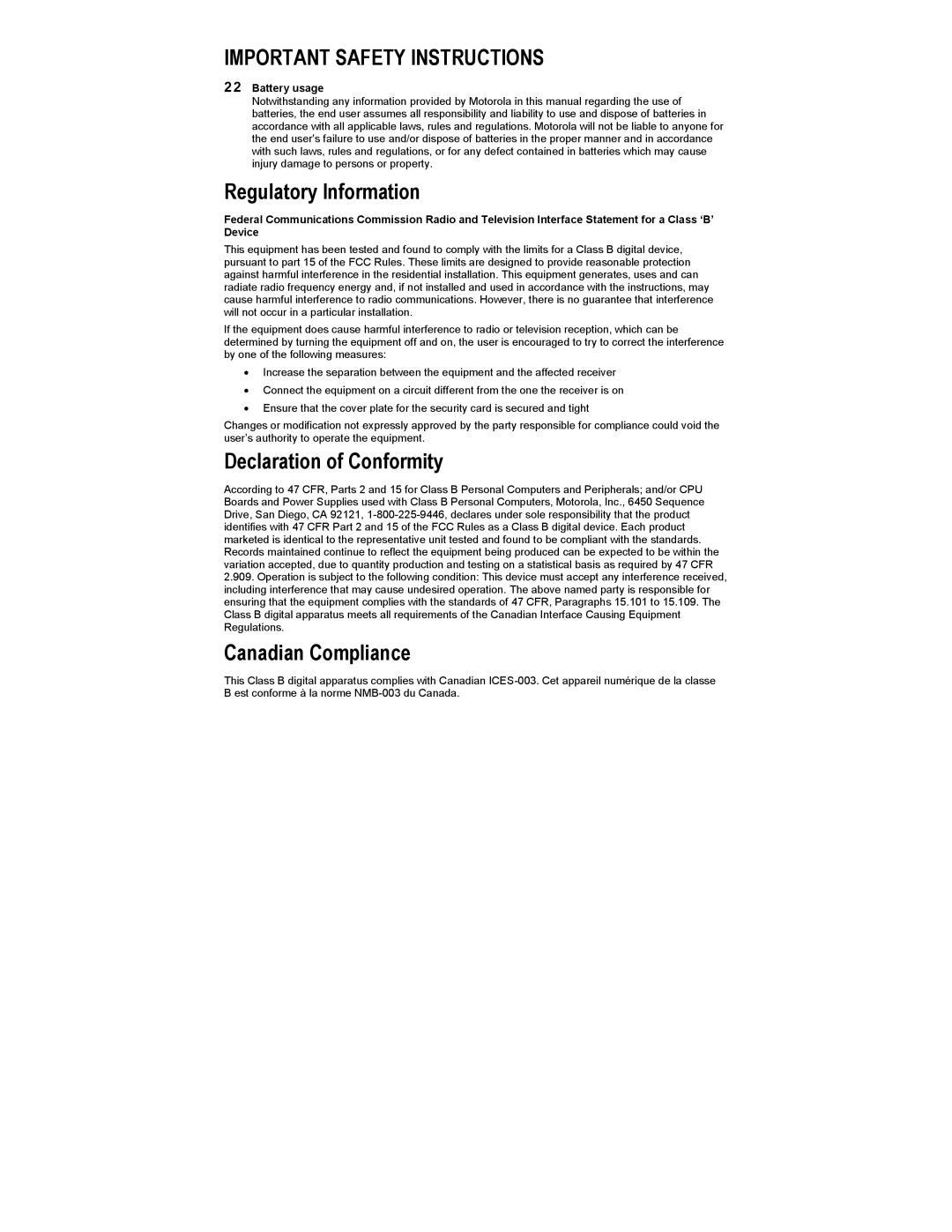 Motorola HDT101 manual Regulatory Information, Declaration of Conformity, Canadian Compliance 