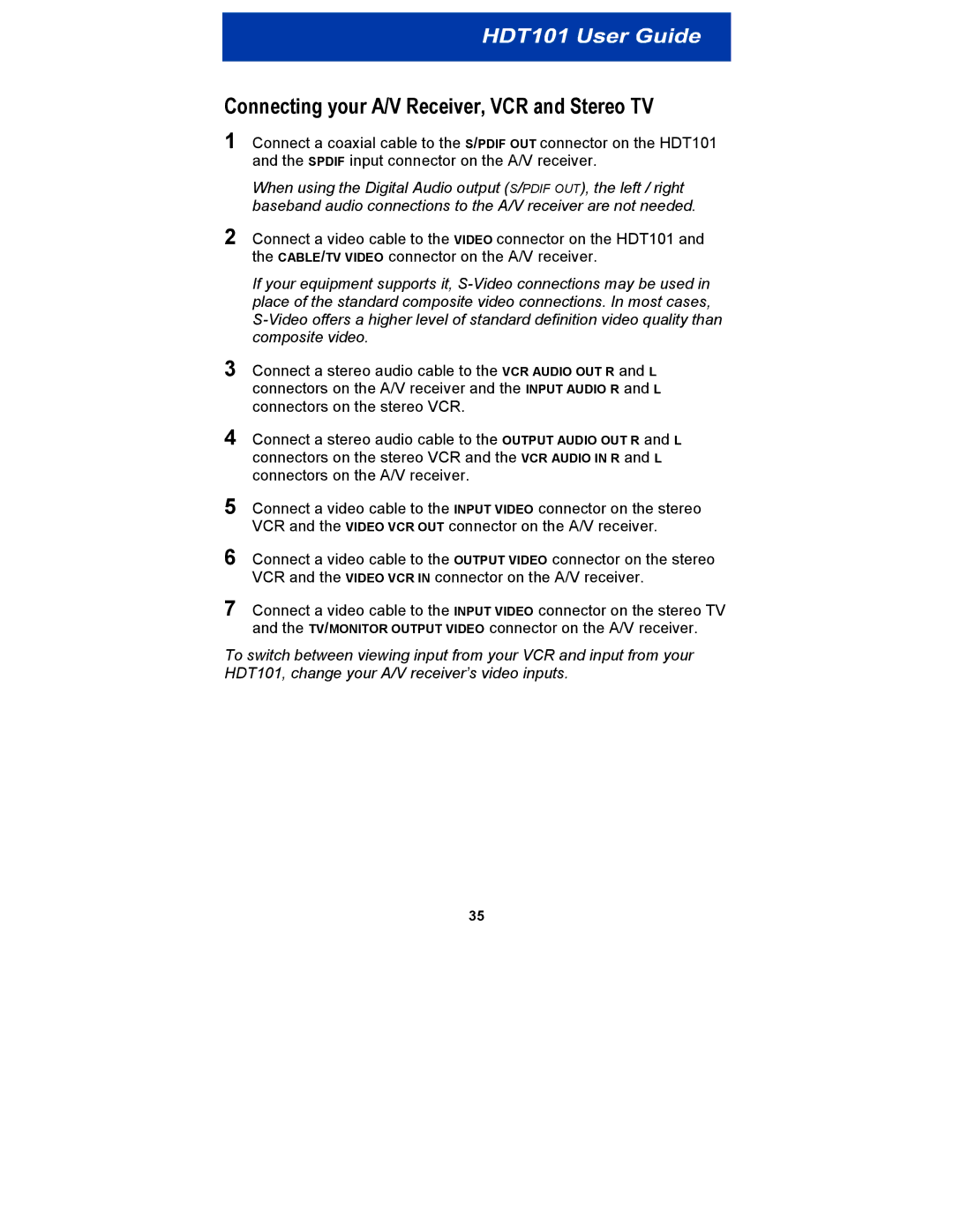 Motorola HDT101 manual Connecting your A/V Receiver, VCR and Stereo TV 