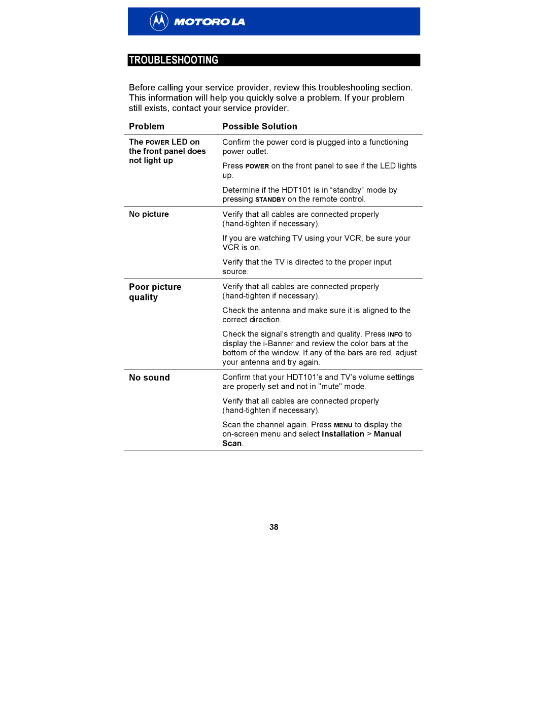 Motorola HDT101 manual Troubleshooting, Problem Possible Solution, Poor picture, Quality, No sound 