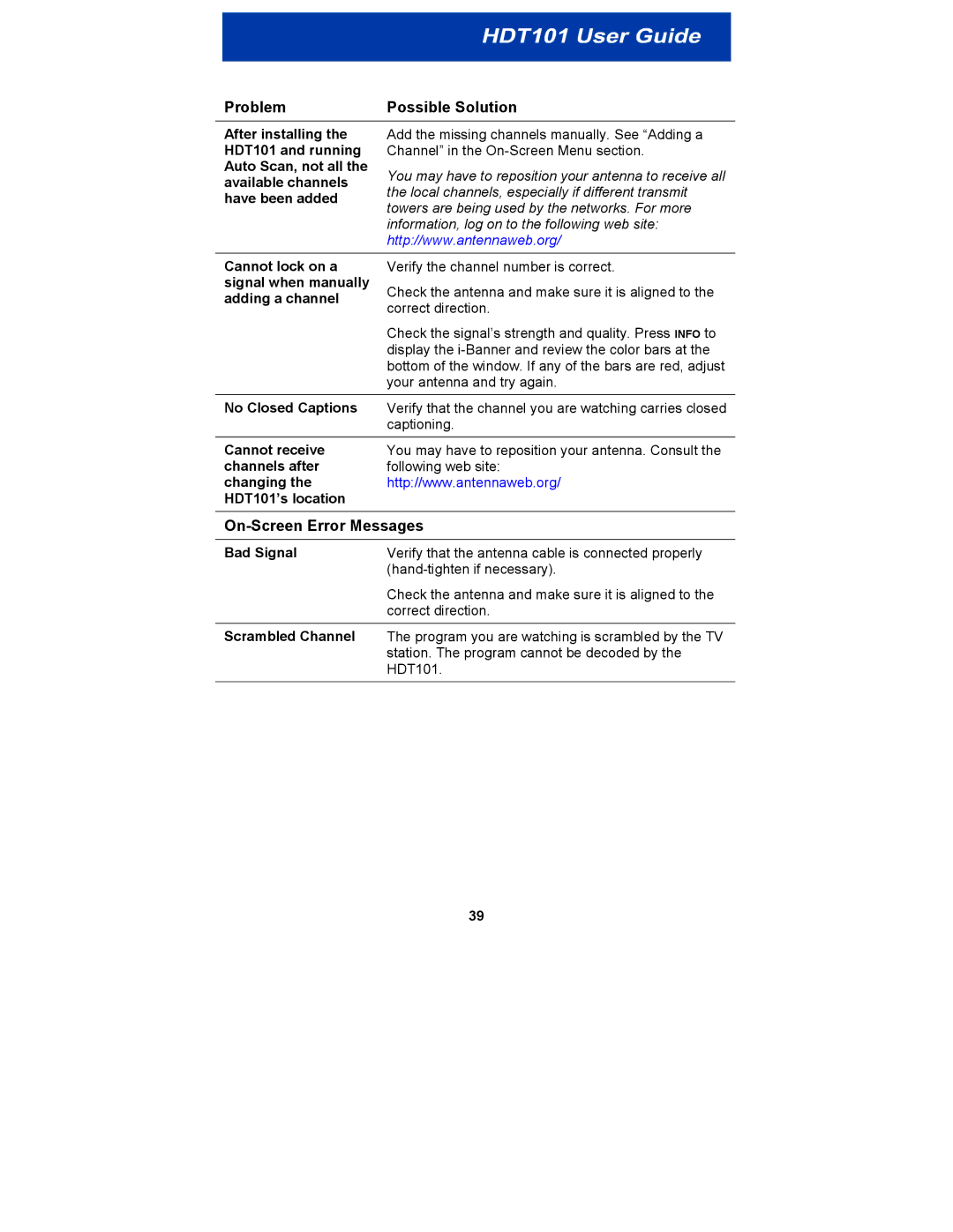 Motorola HDT101 manual On-Screen Error Messages, Adding a channel 