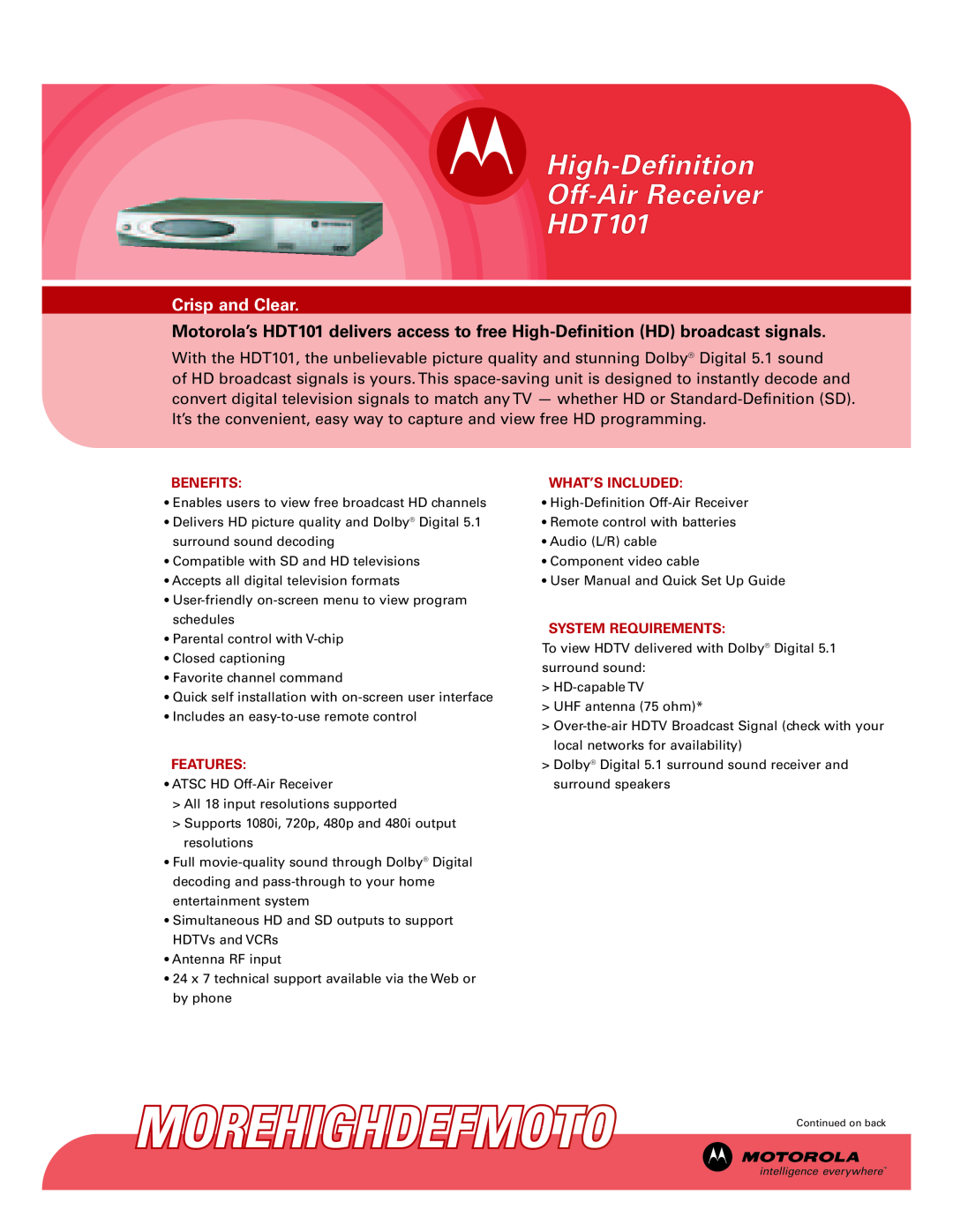 Motorola user manual High-Definition Off-Air Receiver HDT101, Crisp and Clear 