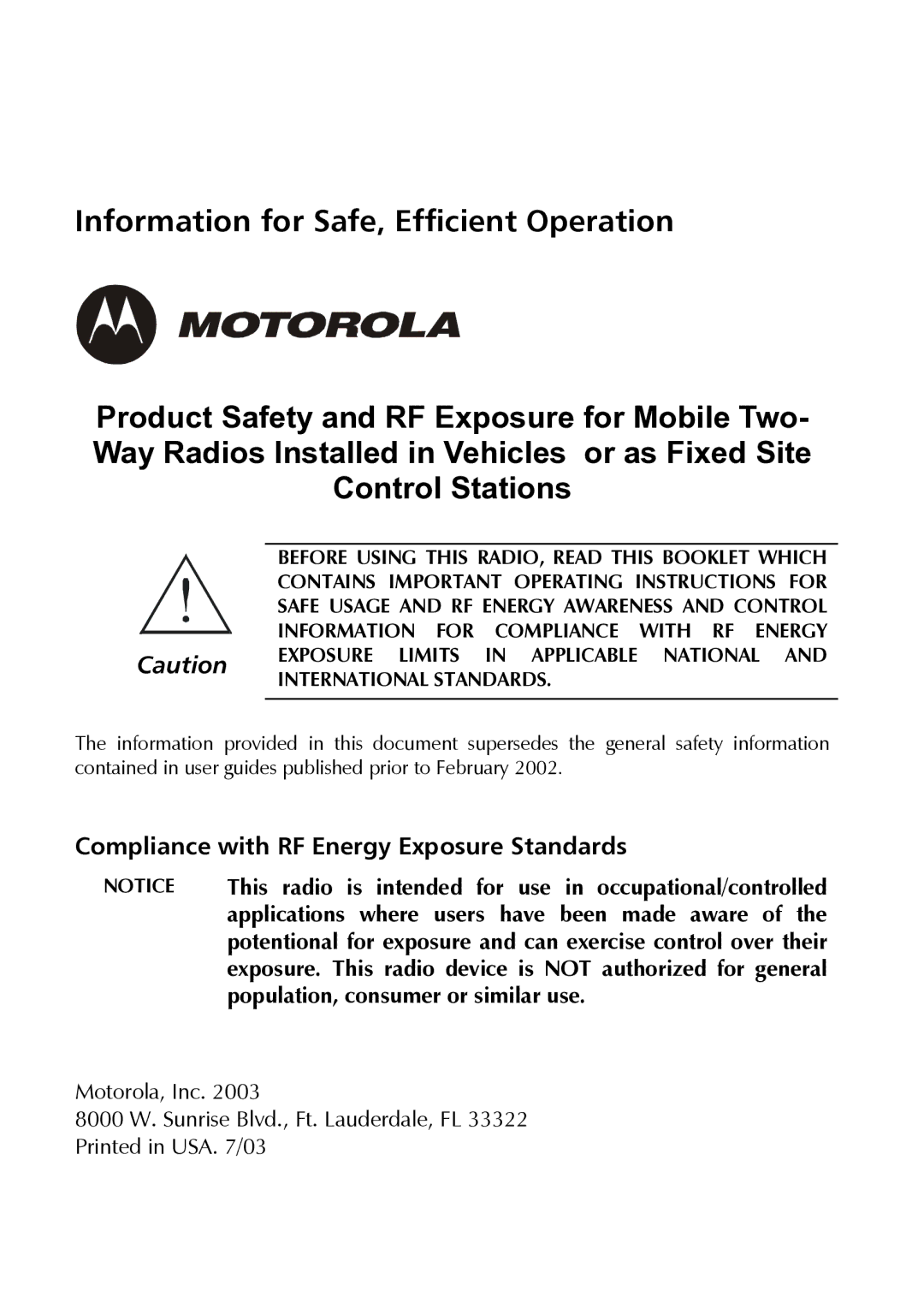 Motorola HF-SSB manual Compliance with RF Energy Exposure Standards 