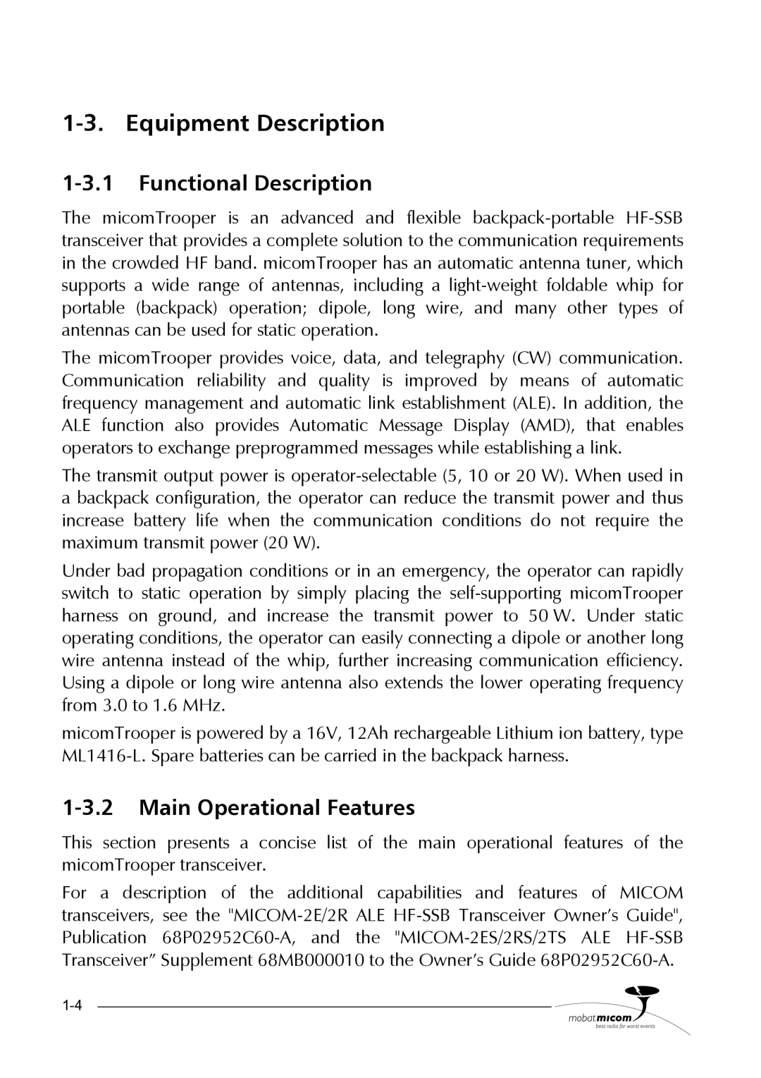 Motorola HF-SSB manual Equipment Description, Functional Description, Main Operational Features 