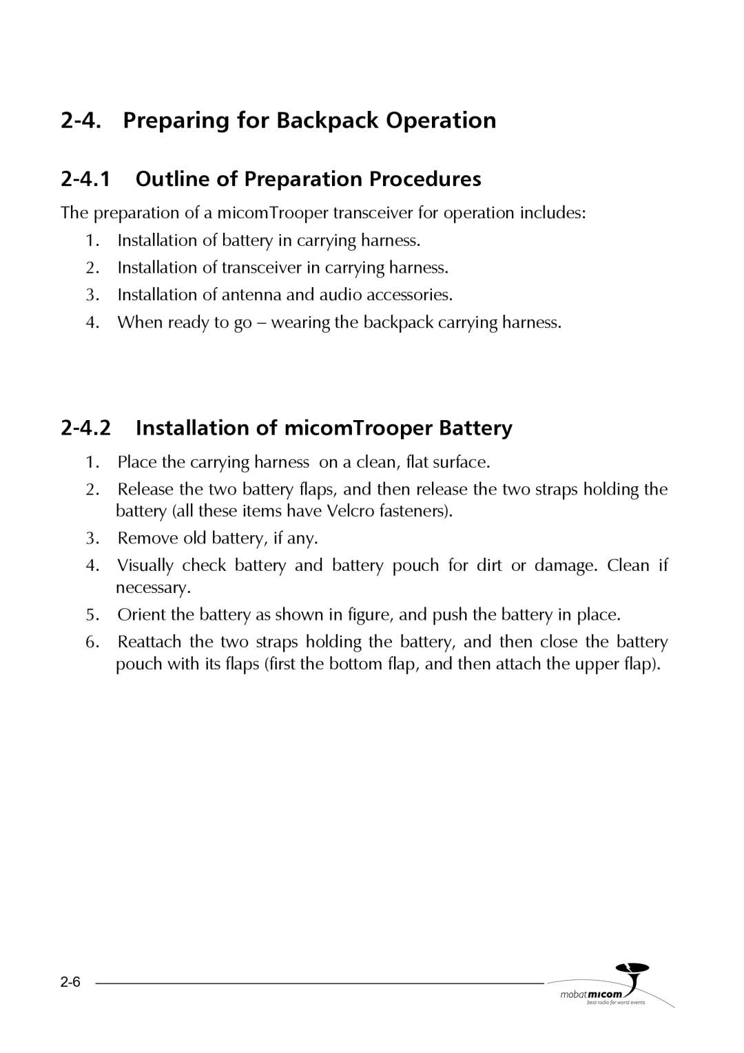 Motorola HF-SSB Preparing for Backpack Operation, Outline of Preparation Procedures, Installation of micomTrooper Battery 