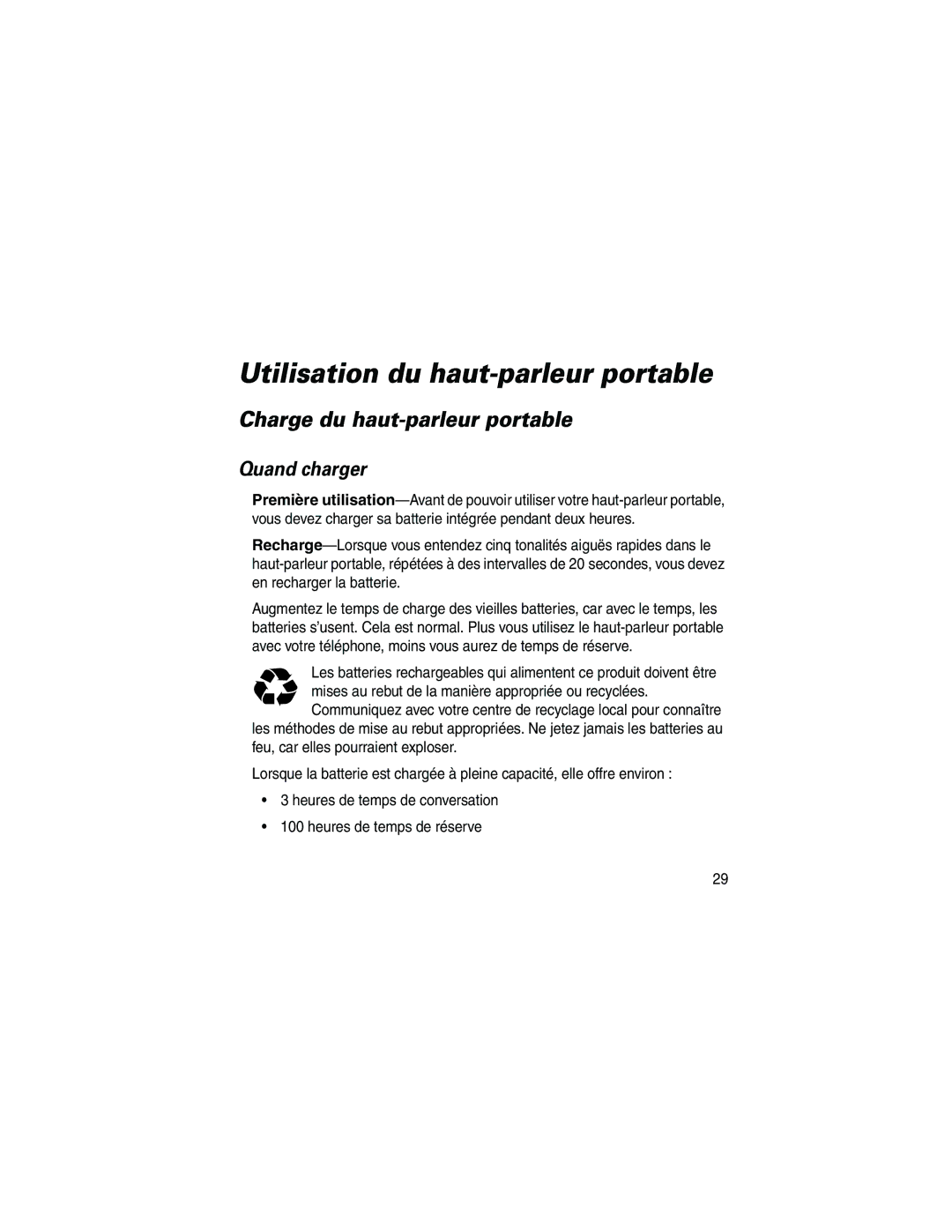 Motorola HF800 manual Utilisation du haut-parleur portable, Charge du haut-parleur portable, Quand charger 