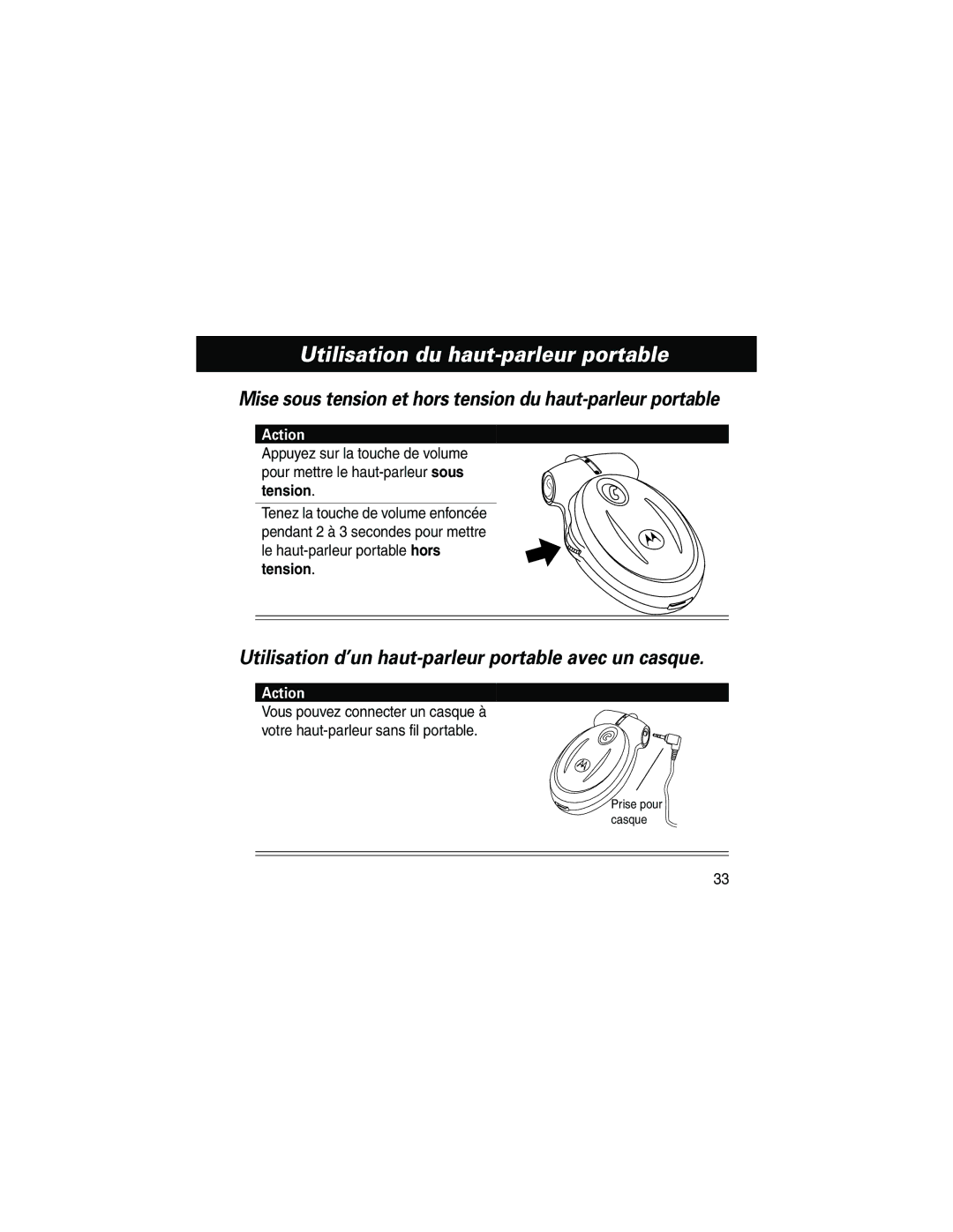 Motorola HF800 manual Utilisation d’un haut-parleur portable avec un casque, Tension 