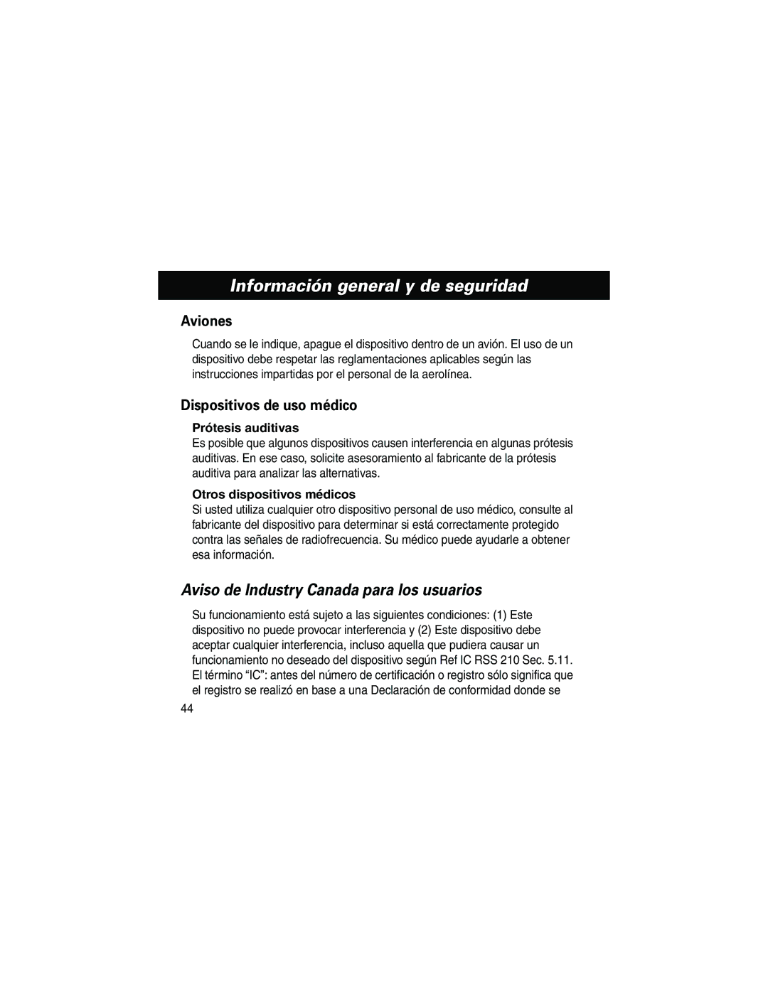 Motorola HF800 manual Información general y de seguridad, Aviso de Industry Canada para los usuarios, Prótesis auditivas 