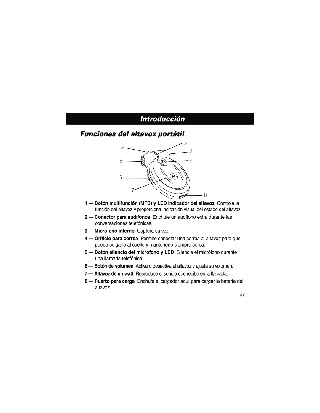 Motorola HF800 manual Introducción, Funciones del altavoz portátil 