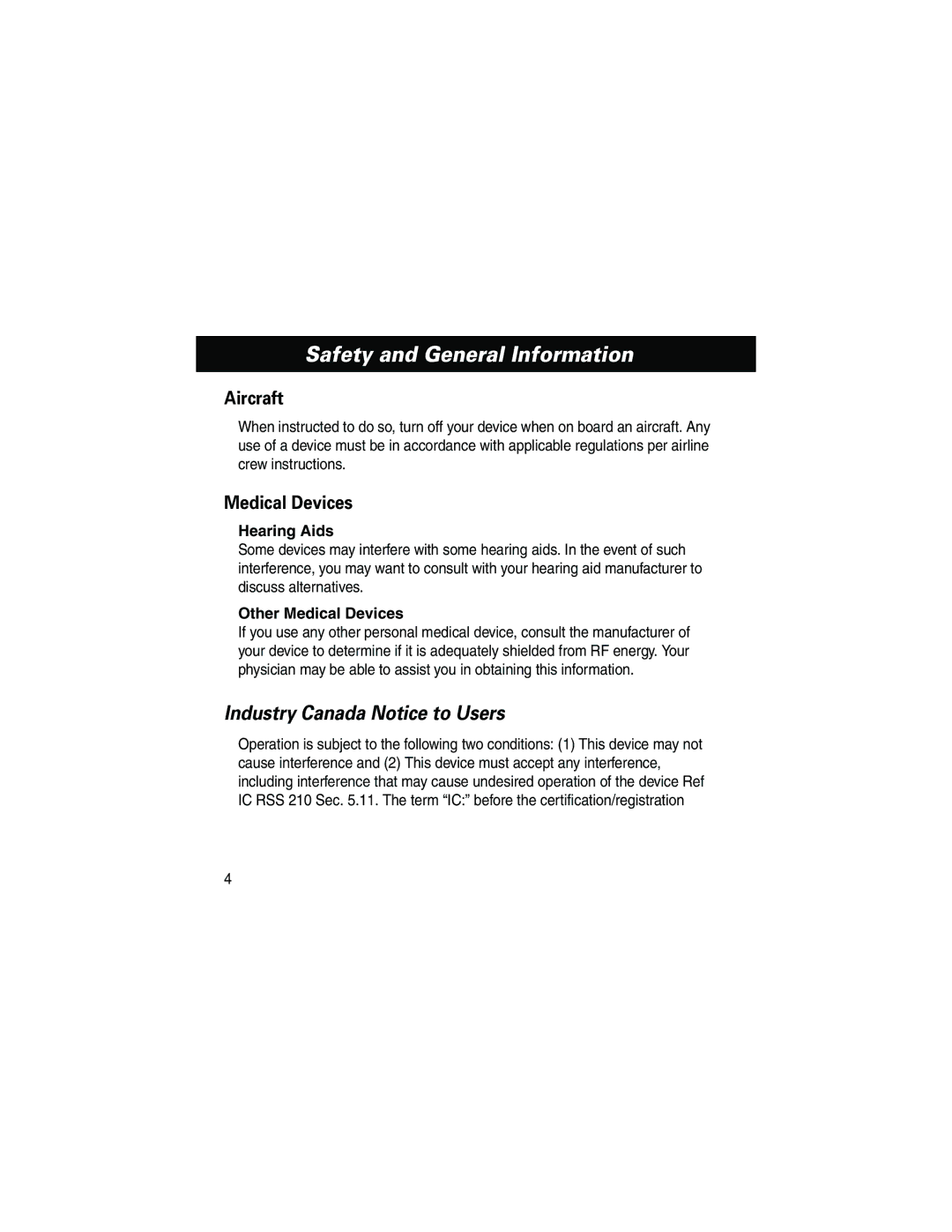 Motorola HF800 manual Safety and General Information, Industry Canada Notice to Users, Hearing Aids, Other Medical Devices 