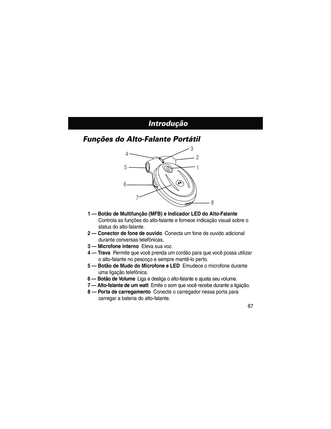 Motorola HF800 Introdução, Funções do Alto-Falante Portátil, Botão de Multifunção MFB e Indicador LED do Alto-Falante 