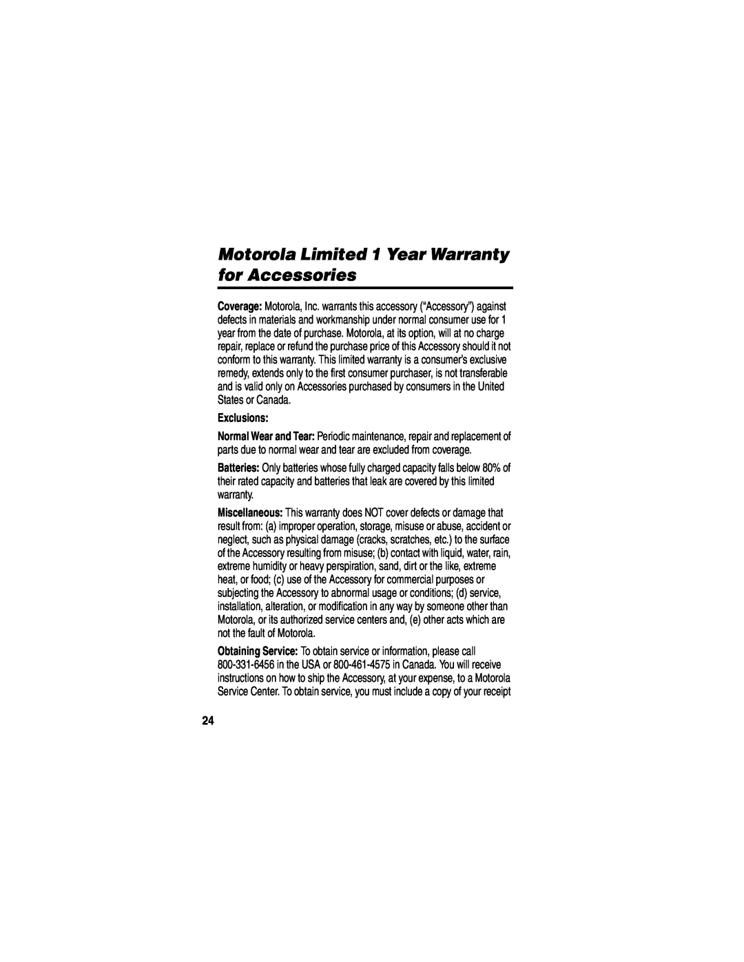 Motorola HF850 manual Motorola Limited 1 Year Warranty for Accessories, Exclusions 