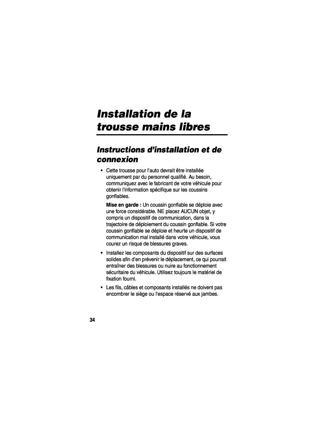 Motorola HF850 manual Installation de la trousse mains libres, Instructions d’installation et de connexion 