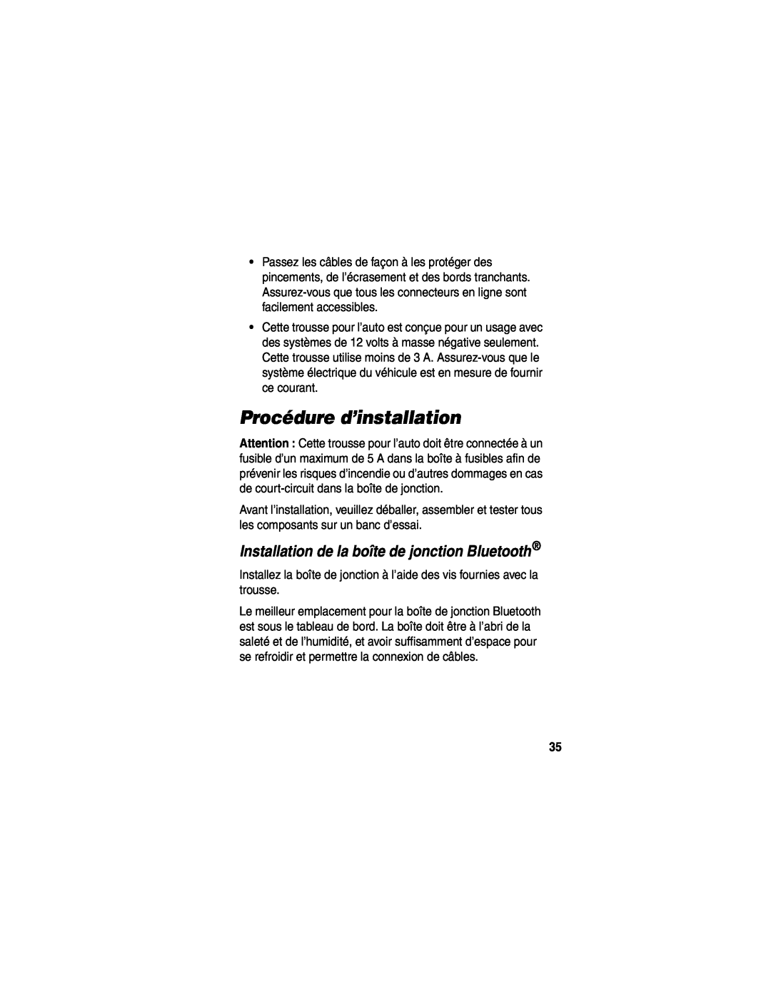 Motorola HF850 manual Procédure d’installation, Installation de la boîte de jonction Bluetooth 