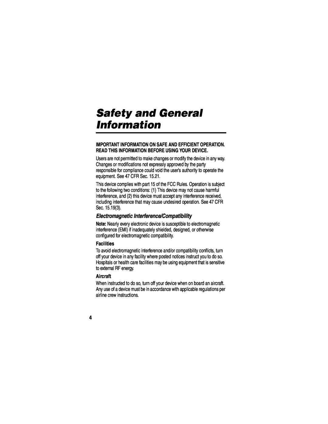 Motorola HF850 manual Safety and General Information, Electromagnetic Interference/Compatibility, Facilities, Aircraft 