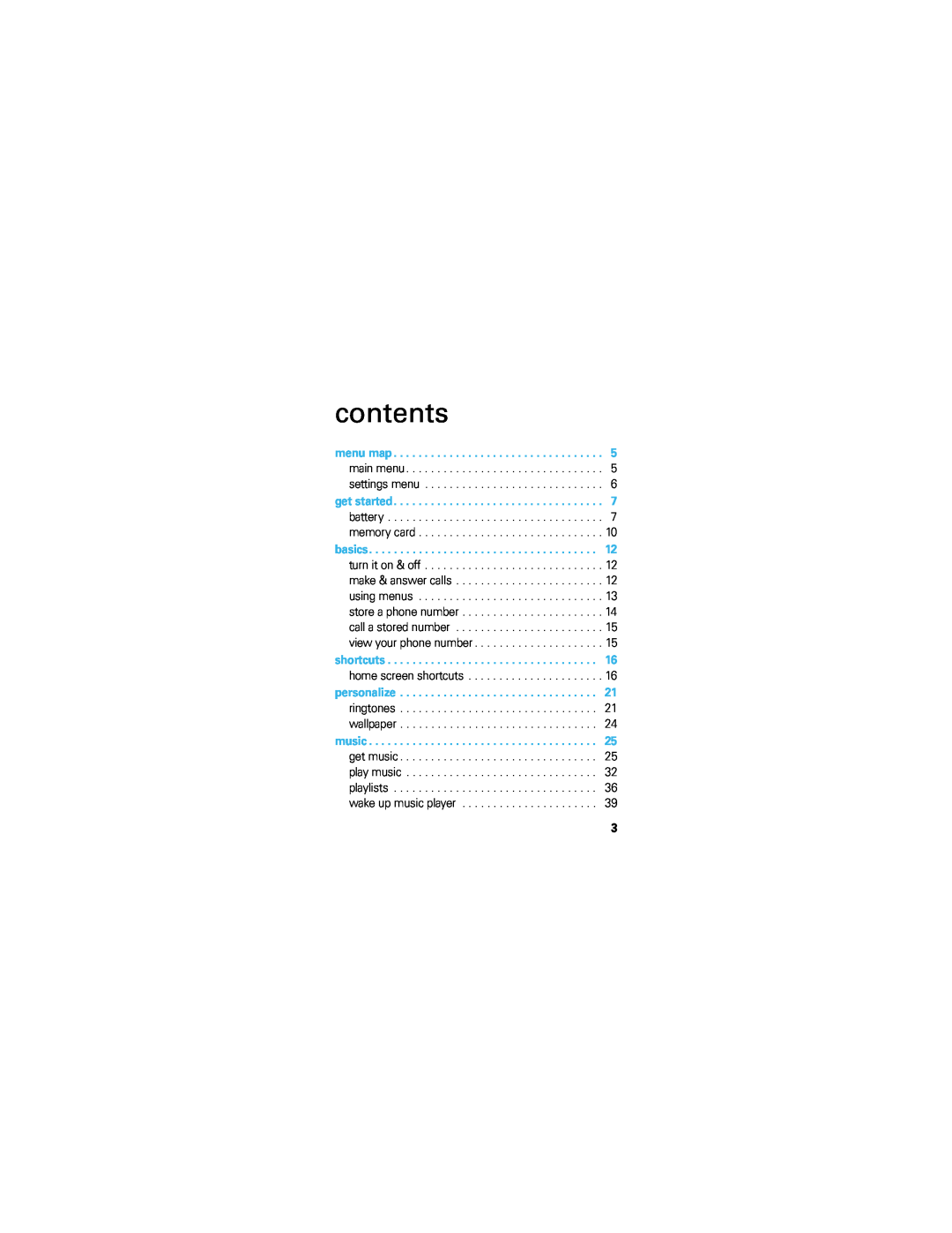 Motorola HINT QA30 quick start contents, menu map, get started, basics, shortcuts, personalize, music 