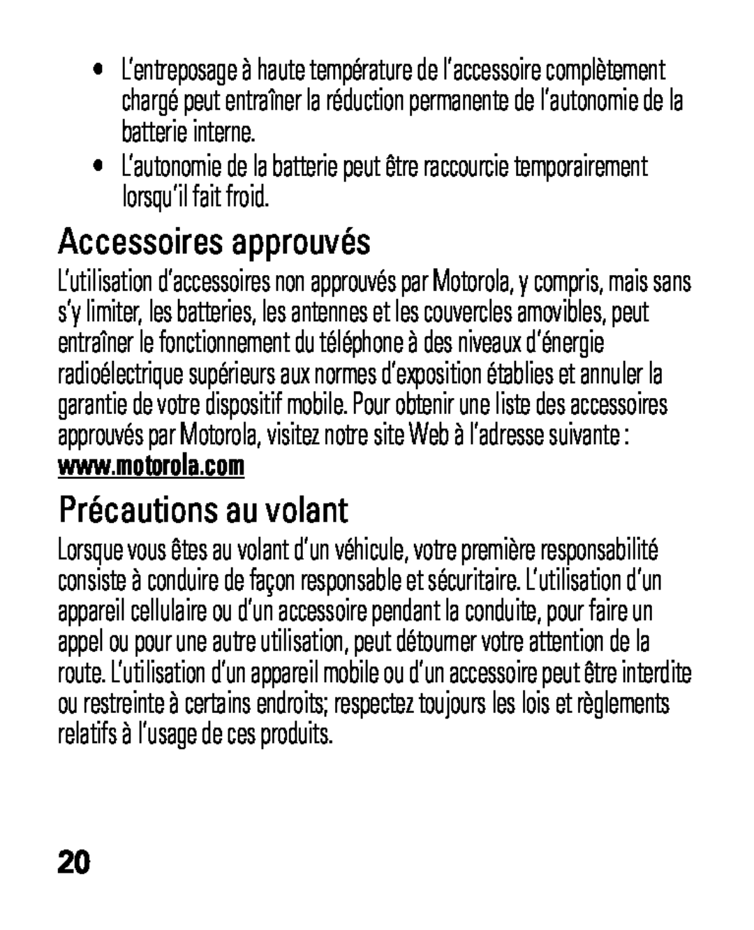 Motorola HK100 quick start Accessoires approuvés, Précautions au volant 