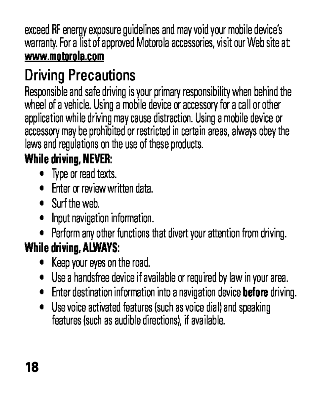 Motorola HK100 quick start Driving Precautions, While driving, NEVER, Type or read texts Enter or review written data 