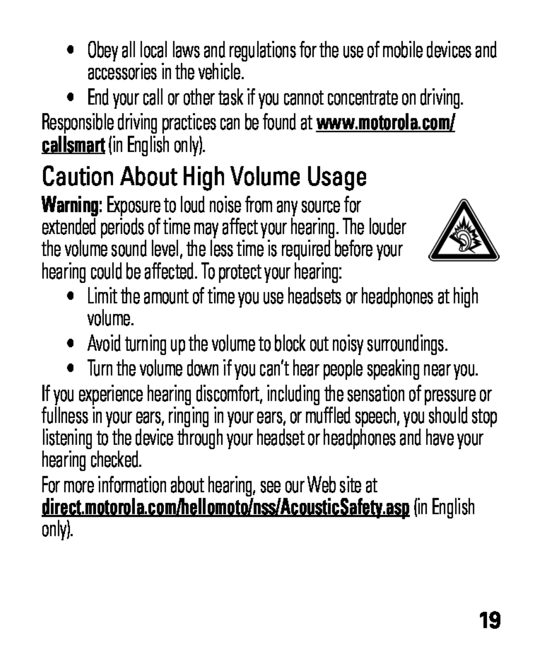 Motorola HK100 quick start Caution About High Volume Usage 