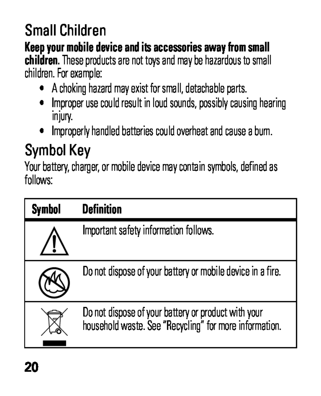 Motorola HK100 quick start Small Children, Symbol Key, Symbol Definition 