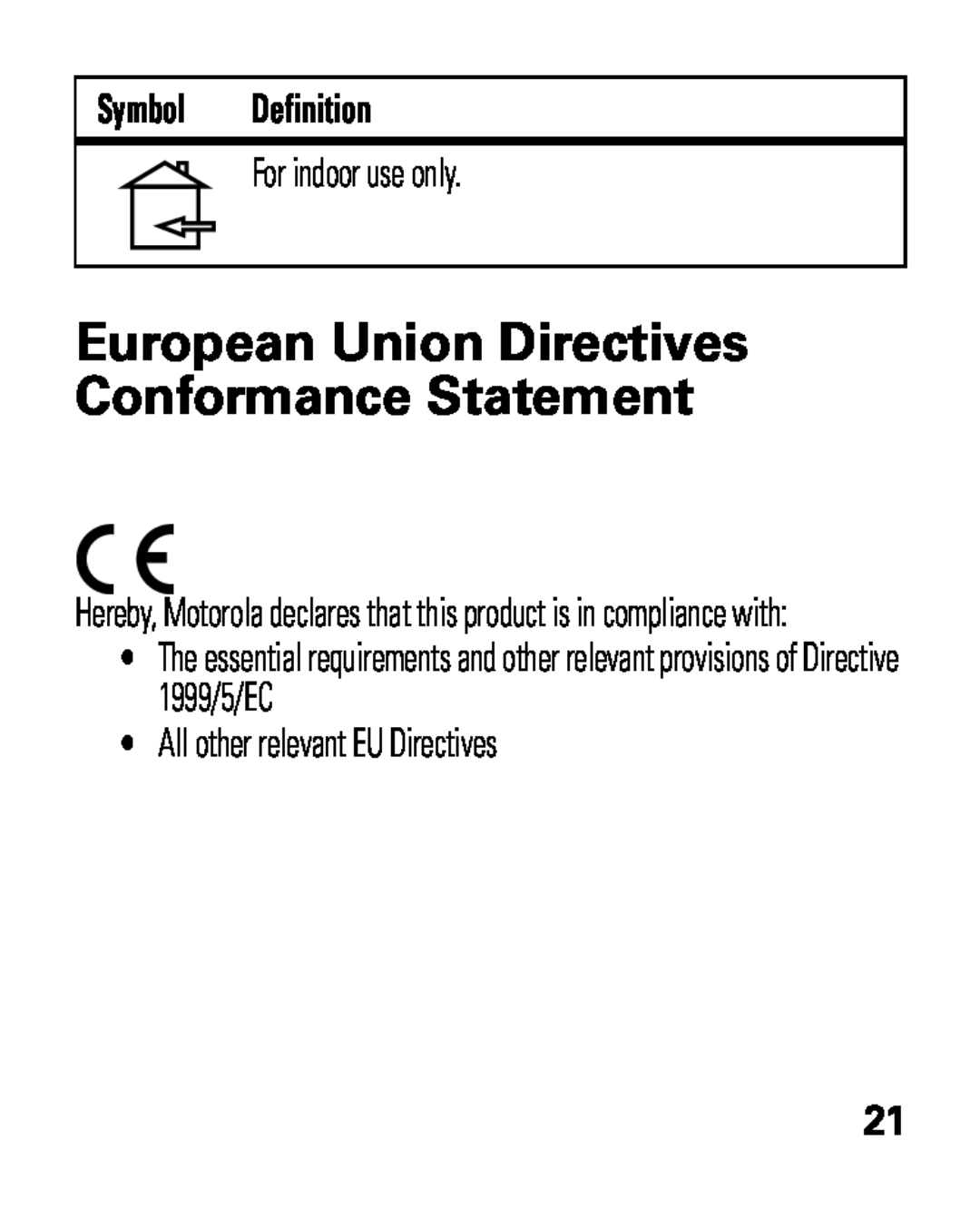 Motorola HK100 quick start European Union Directives Conformance Statement, Symbol Definition, For indoor use only 