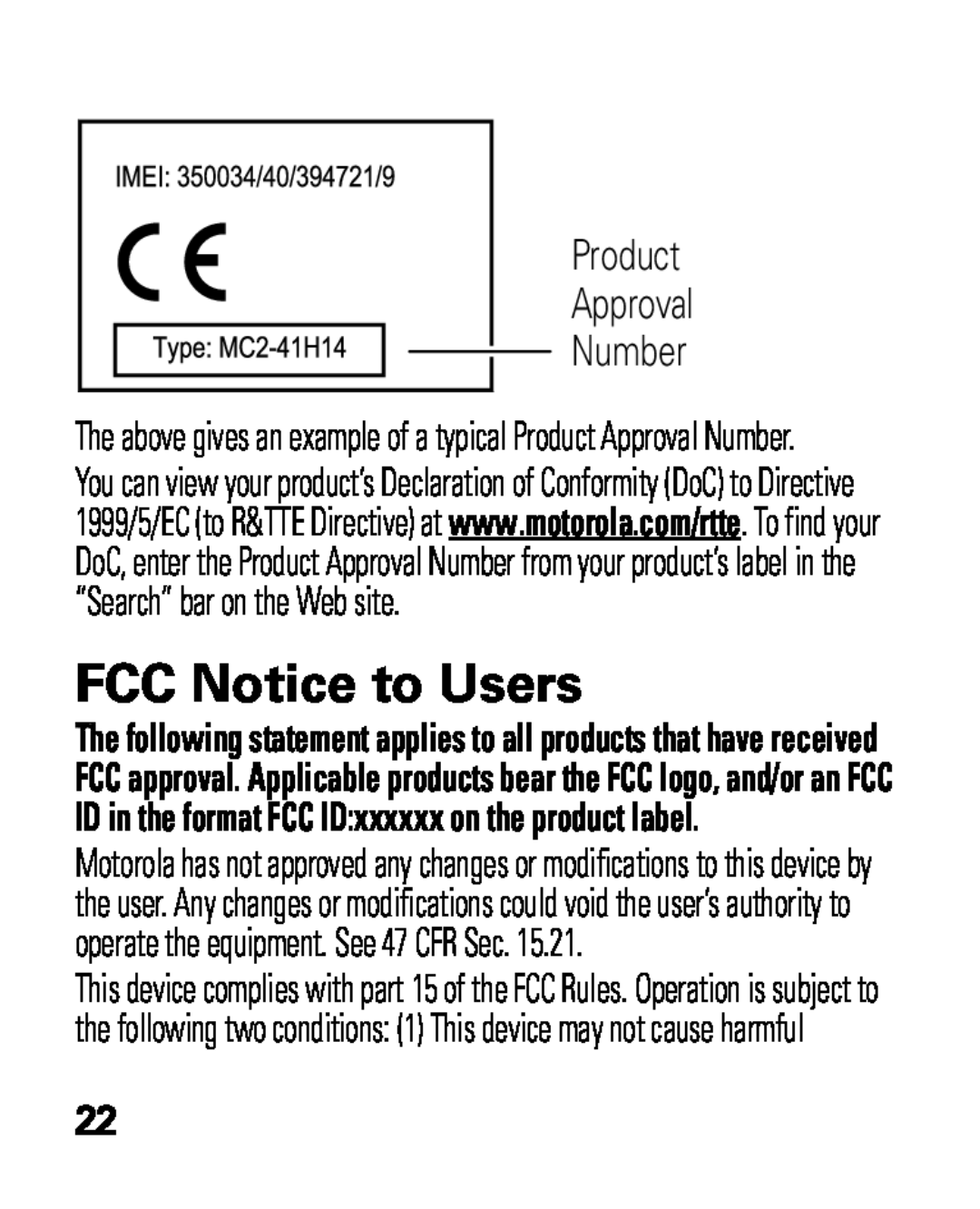Motorola HK100 quick start FCC Notice to Users, Product Approval Number 