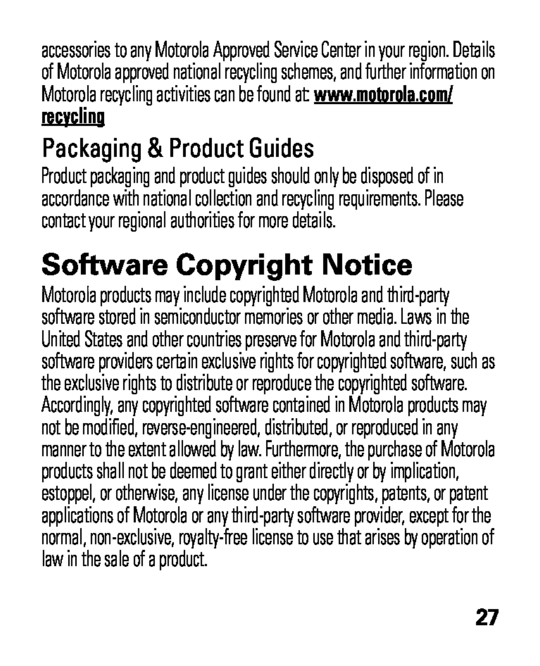 Motorola HK100 quick start Software Copyright Notice, Packaging & Product Guides, recycling 