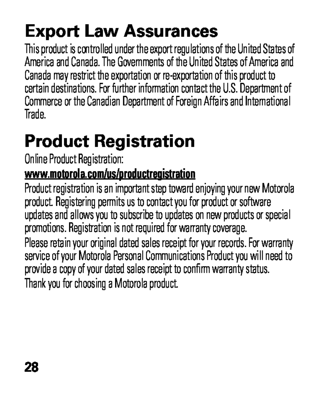 Motorola HK100 Export Law Assurances, Online Product Registration, Thank you for choosing a Motorola product 