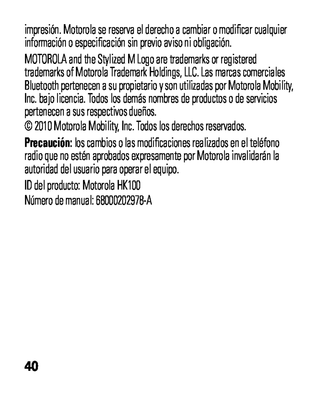 Motorola quick start ID del producto: Motorola HK100, Número de manual: 68000202978-A 