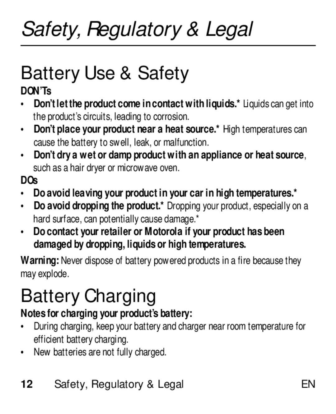 Motorola HK110 manual Battery Use & Safety, Battery Charging, DON’Ts, DOs, New batteries are not fully charged 