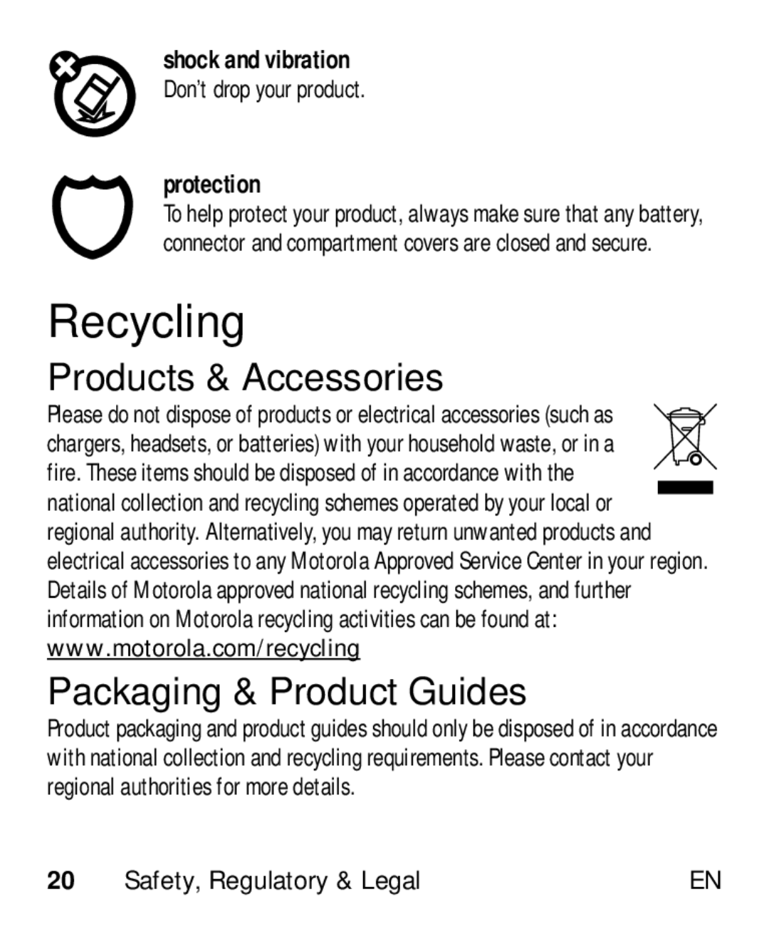 Motorola HK110 manual Recycling, Products & Accessories Packaging & Product Guides, Protection 