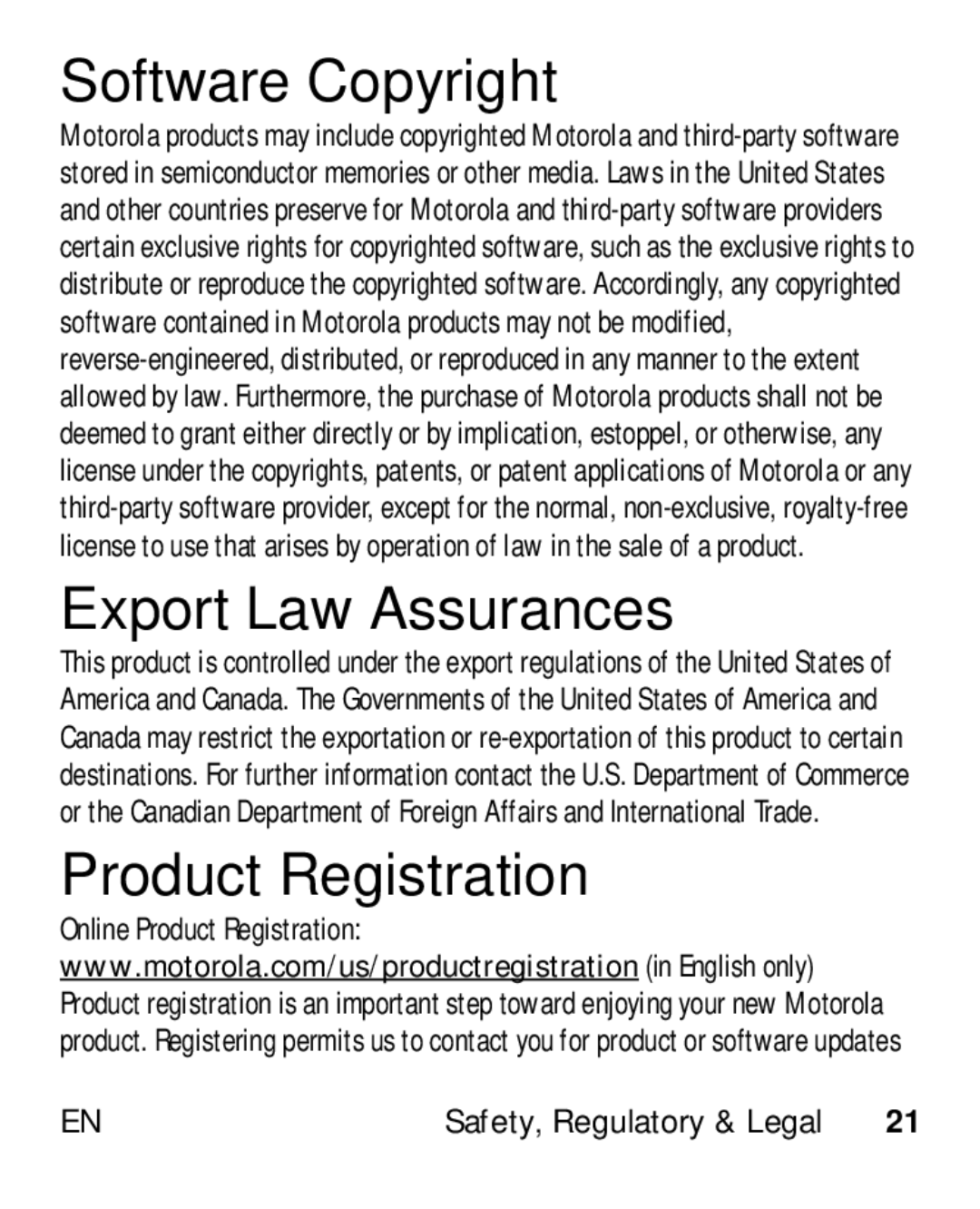 Motorola HK110 manual Software Copyright, Export Law Assurances, Product Registration 