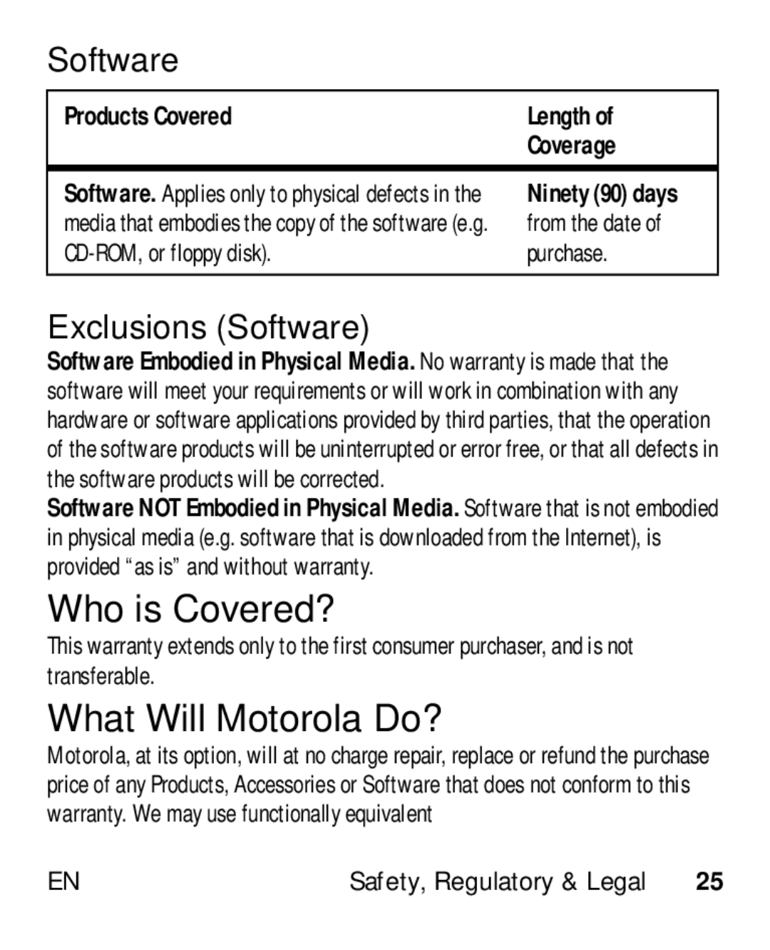 Motorola HK110 Who is Covered?, What Will Motorola Do?, Products Covered Length Coverage, CD-ROM, or floppy disk Purchase 