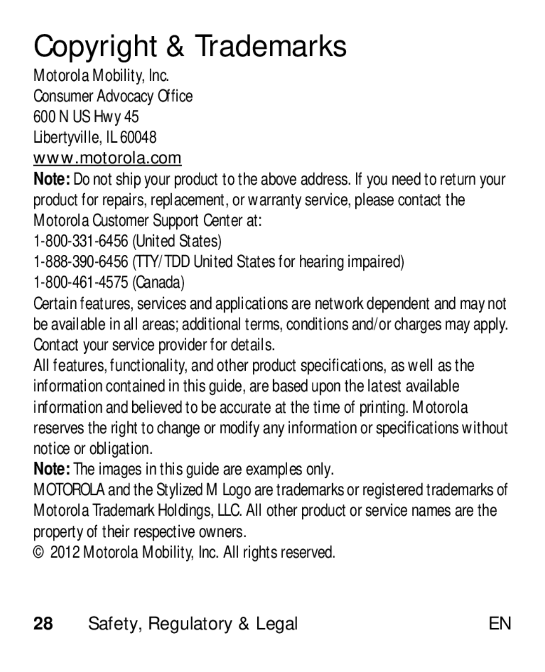 Motorola HK110 manual Copyright & Trademarks, United States Canada, Motorola Mobility, Inc. All rights reserved 