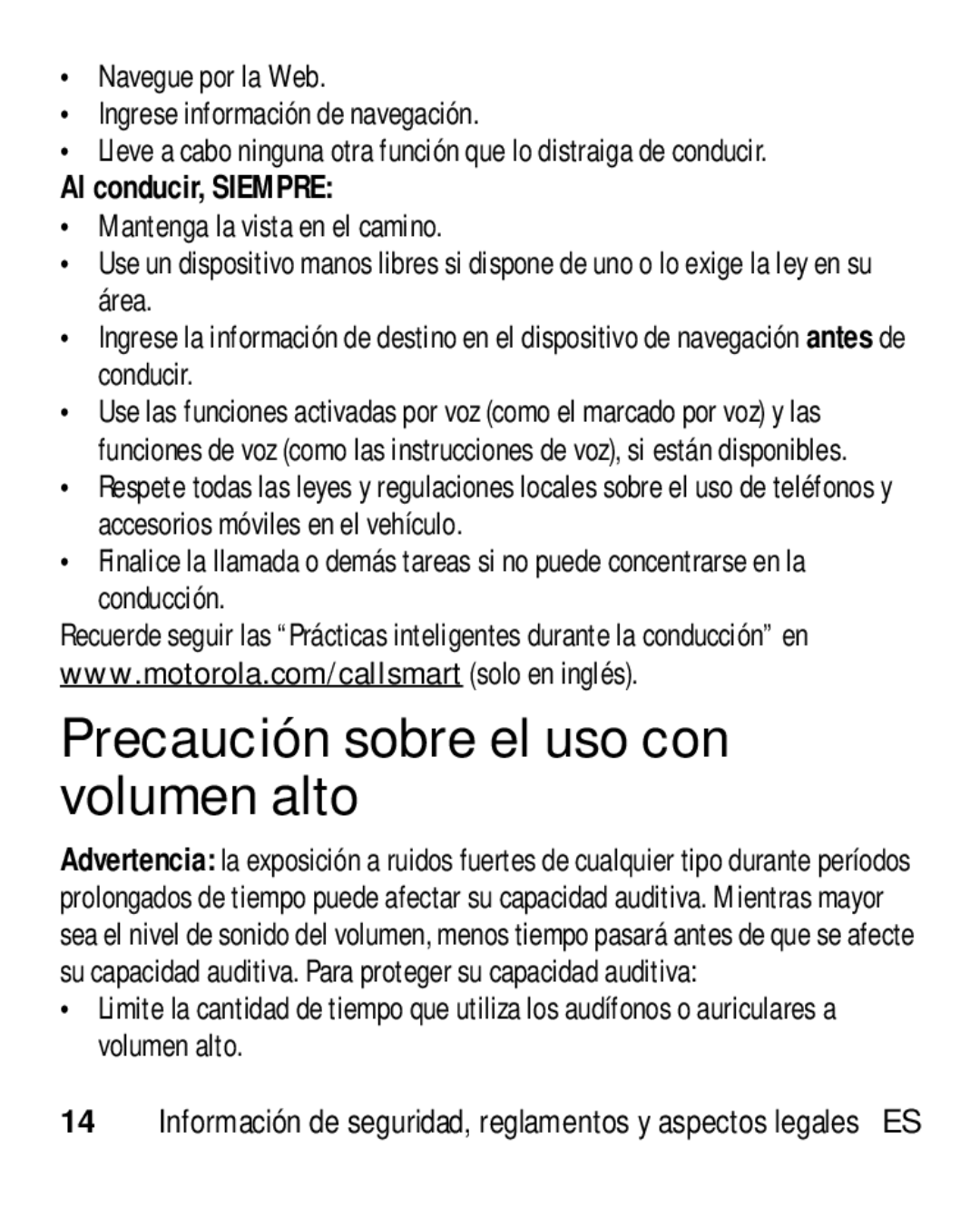 Motorola HK110 manual Precaución sobre el uso con volumen alto, Navegue por la Web Ingrese información de navegación 