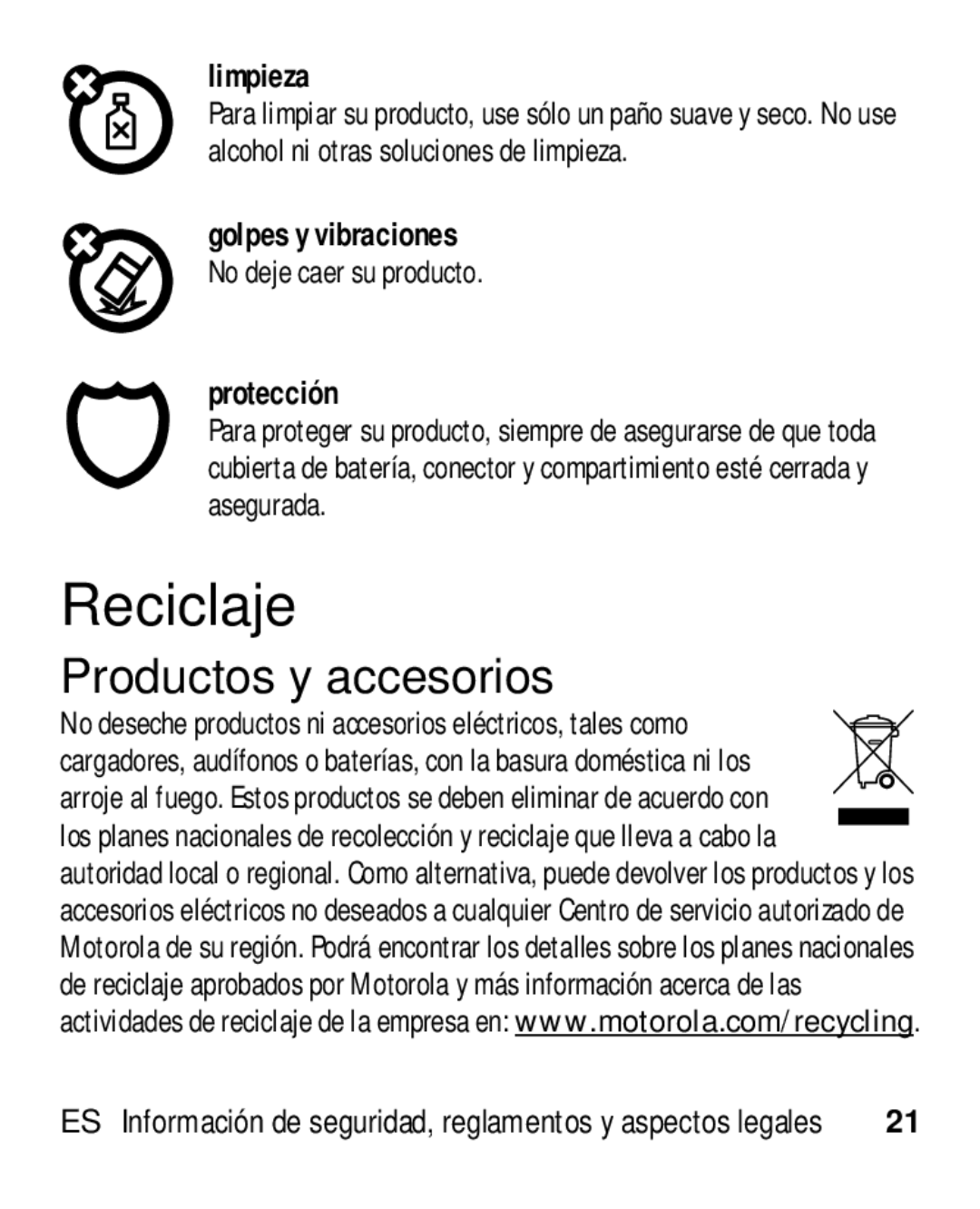 Motorola HK110 manual Reciclaje, Productos y accesorios, Limpieza, Protección 