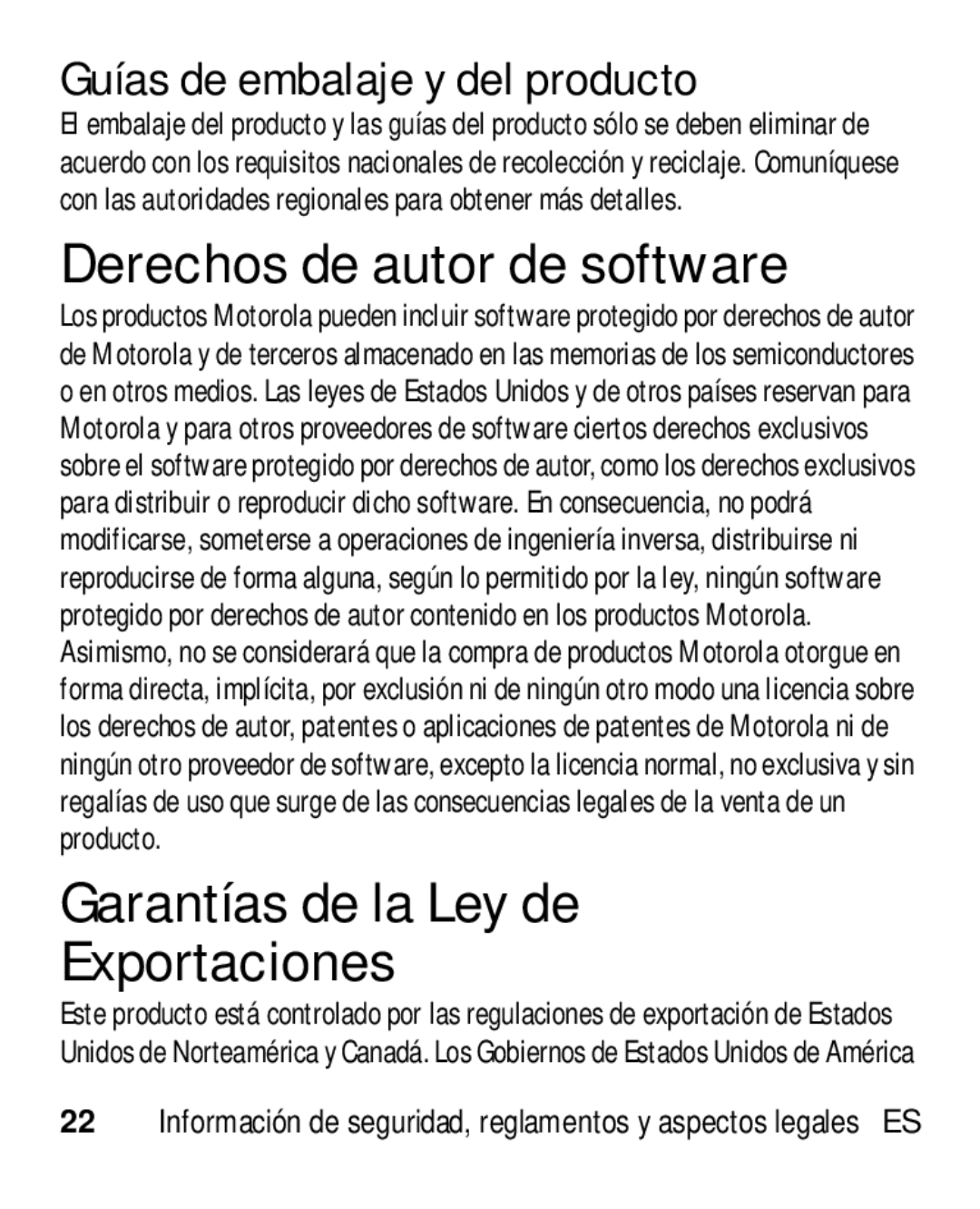 Motorola HK110 manual Derechos de autor de software, Garantías de la Ley de Exportaciones, Guías de embalaje y del producto 