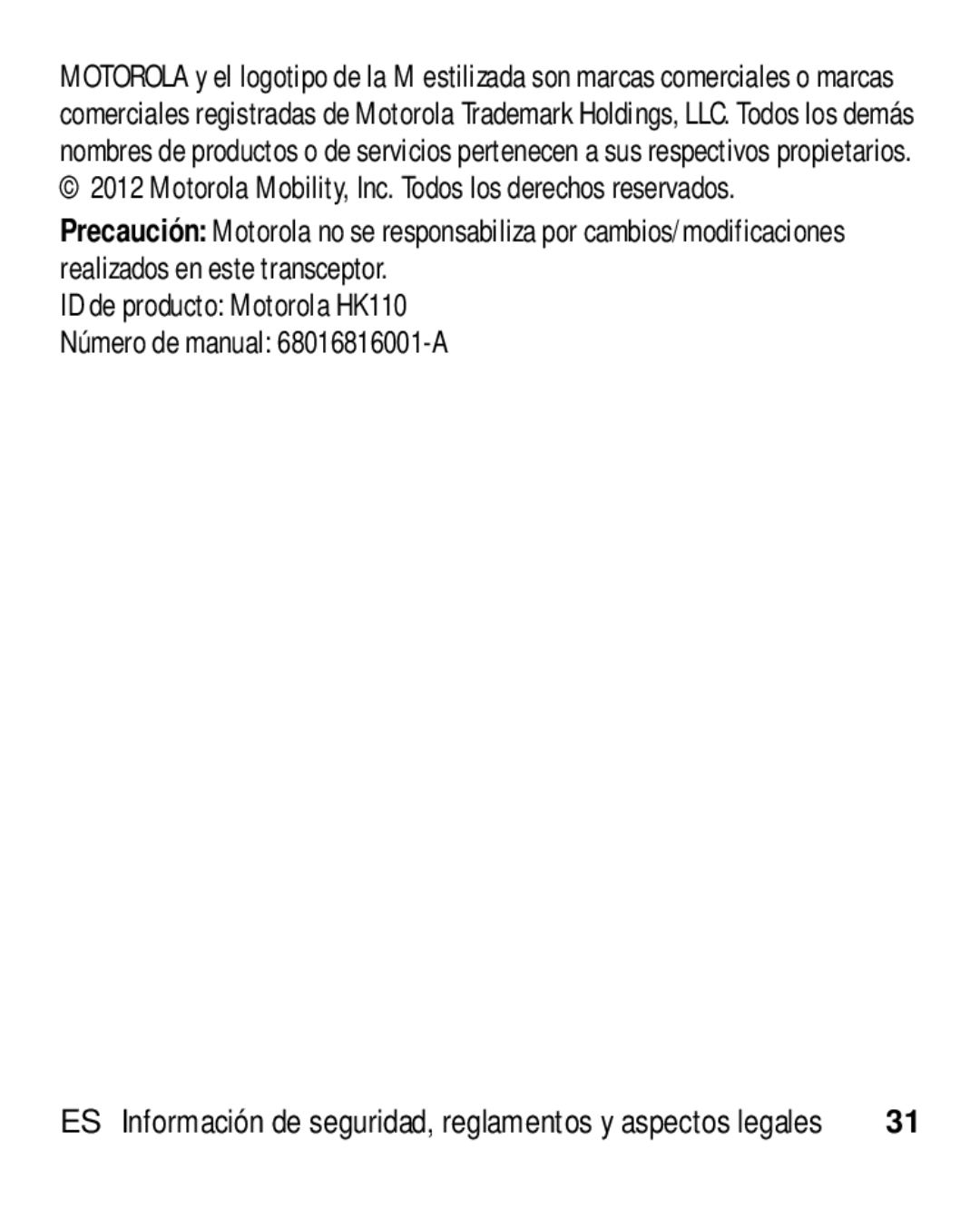 Motorola ID de producto Motorola HK110 Número de manual 68016816001-A 