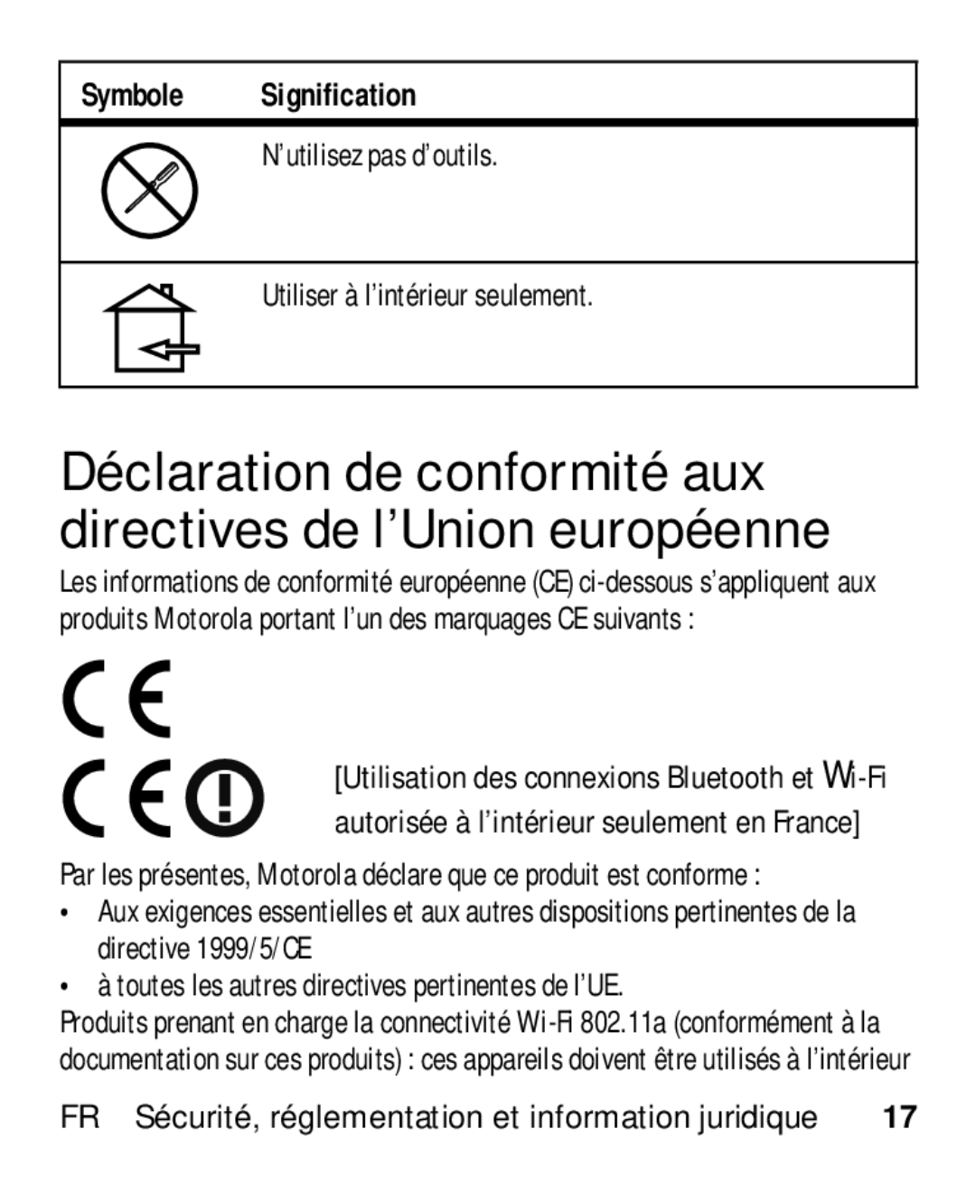 Motorola HK110 ’utilisez pas d’outils Utiliser à l’intérieur seulement, Toutes les autres directives pertinentes de l’UE 