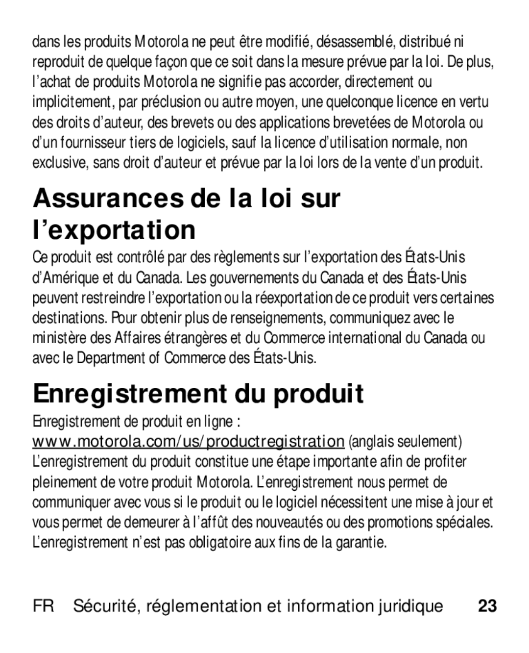 Motorola HK110 manual Assurances de la loi sur l’exportation, Enregistrement du produit 