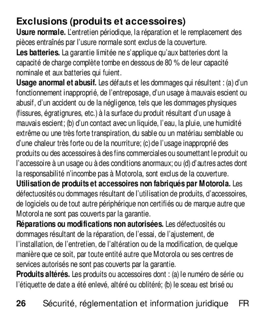 Motorola HK110 manual Exclusions produits et accessoires 