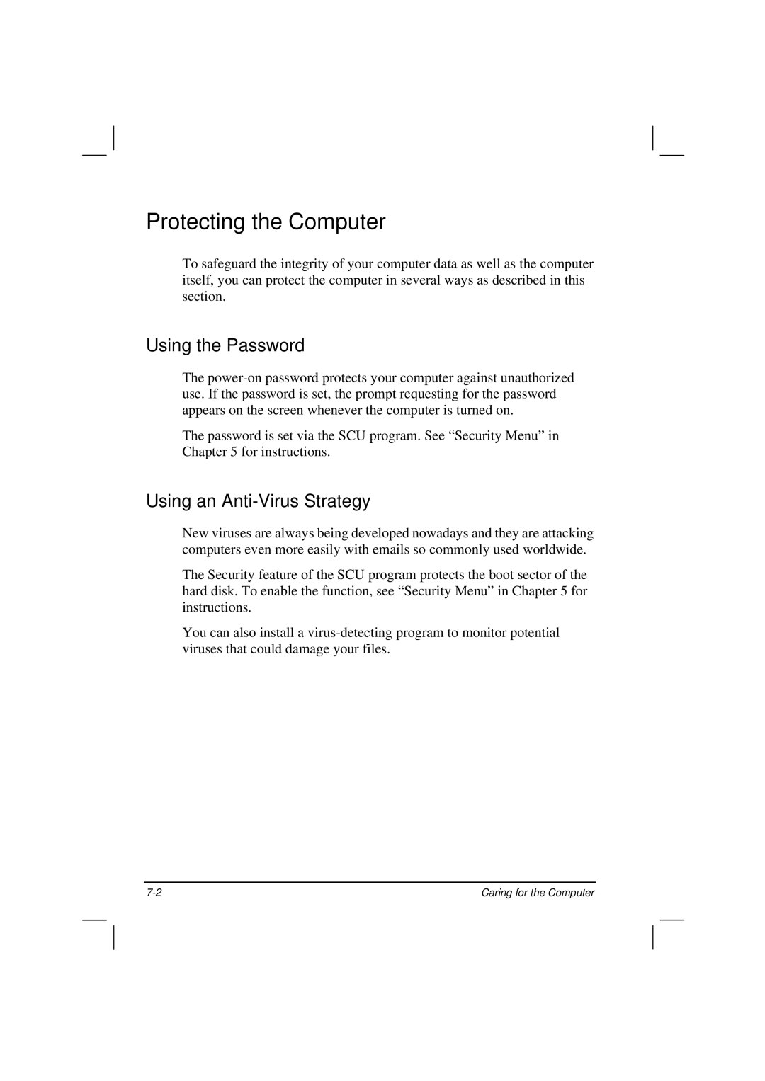 Motorola HK1223 manual Protecting the Computer, Using the Password, Using an Anti-Virus Strategy 